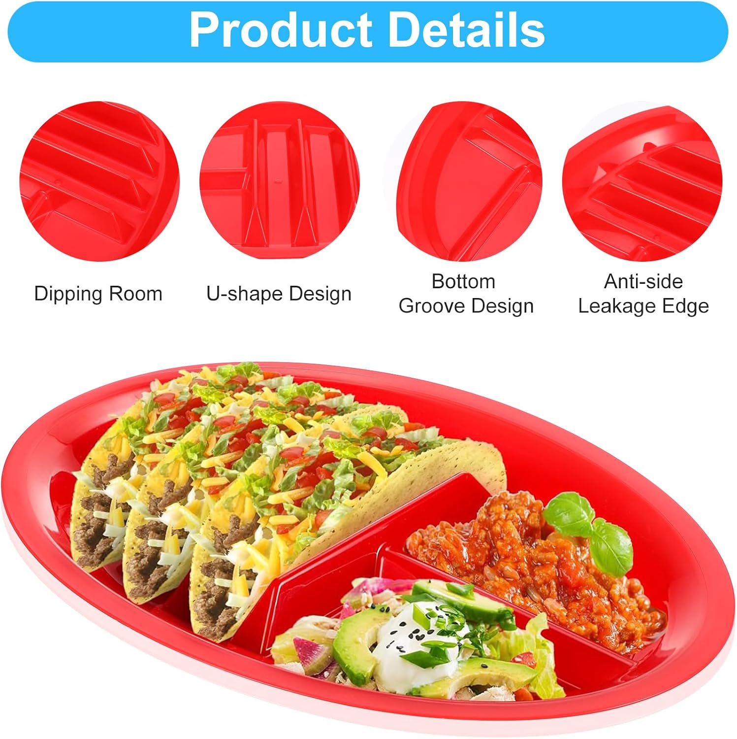 10 Pack Plastic Taco Plates with Dividers, 12.8 x 8.66 Inch Taco Holder Plate for Parties - BPA Free Plastic Serving Trays for Tacos Tuesday, Microwave & Dishwasher Safe (5 Vibrant Colors)