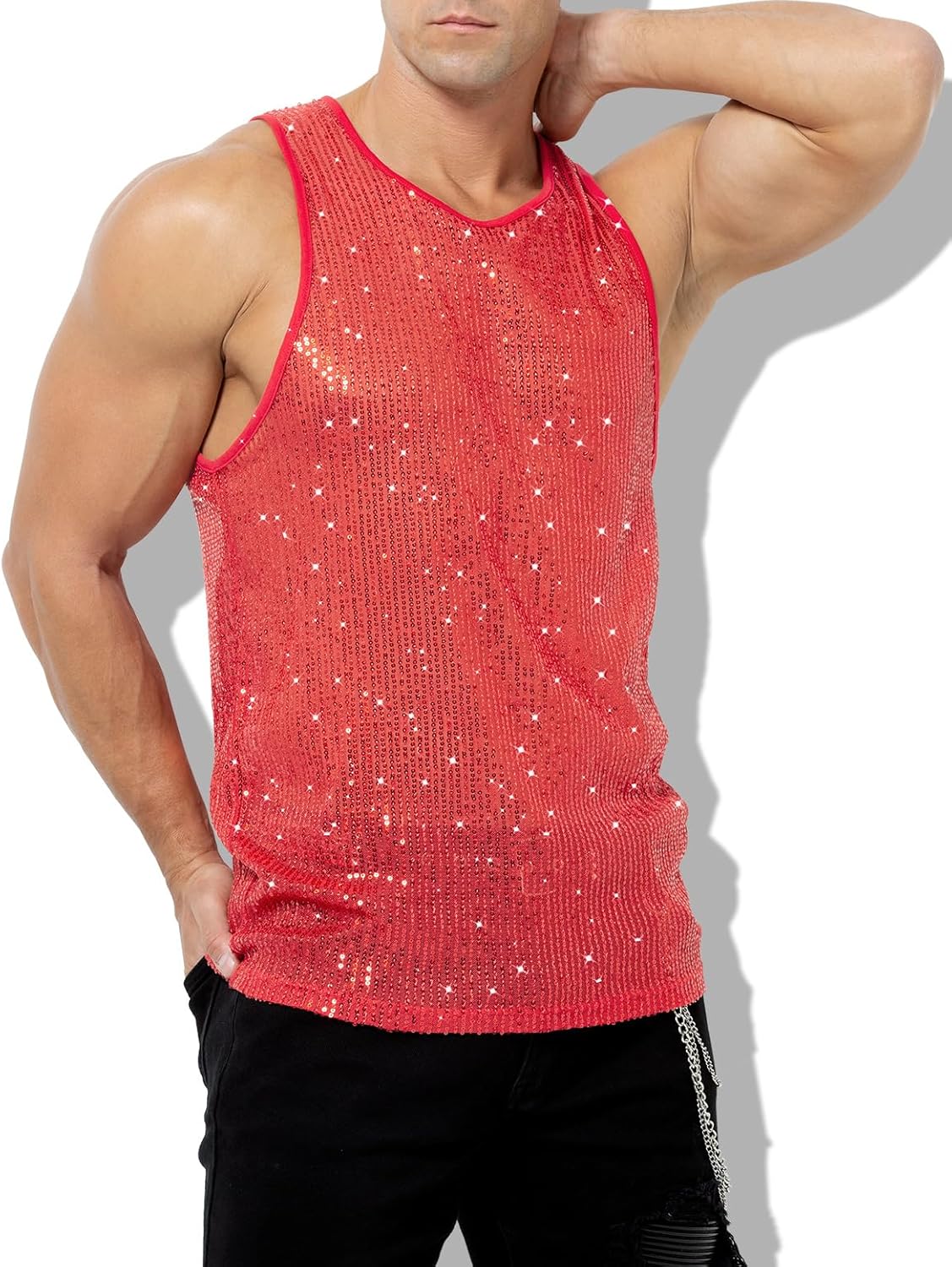 Arjen Kroos Men's Sexy Sparkly Tank Top See-Through Mesh Sequin Disco Vest - Image 3