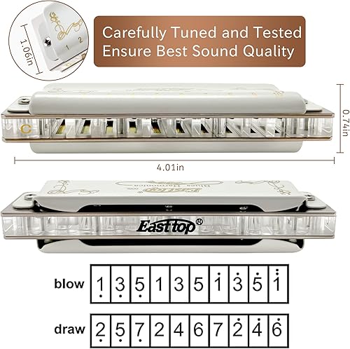 Miniatura 4 de East top Blues Harmonica Key of C, armónica de órgano de boca diatónica de 10 agujeros con cubierta blanca, armónica T008L para adultos,