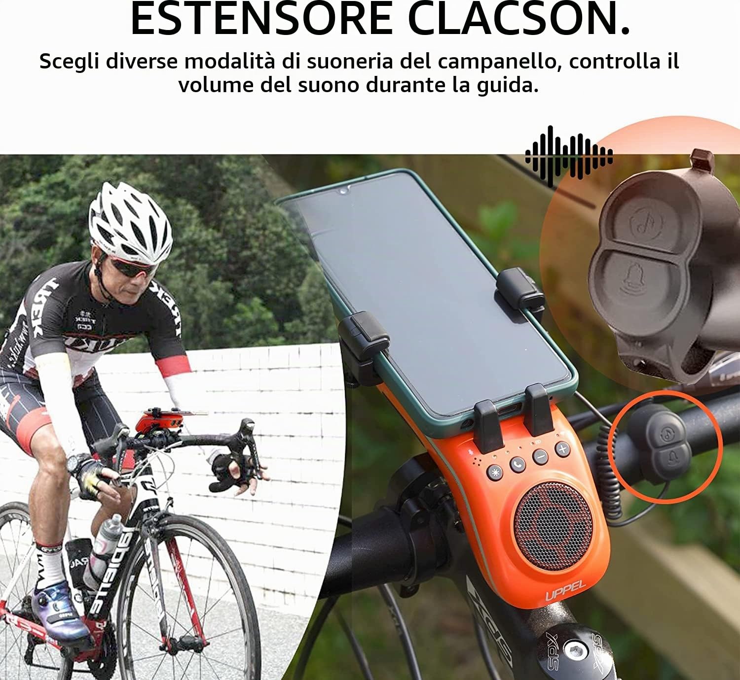 UPPEL Altoparlante Bluetooth Bicicletta 10 in 1 – Supporto Cellulare Bicicletta – Power Bank/Campanello/Microfono – Modalità TF/SD/AUX – Estremamente & Tempo Libero Ciclismo Bicicletta Arancione