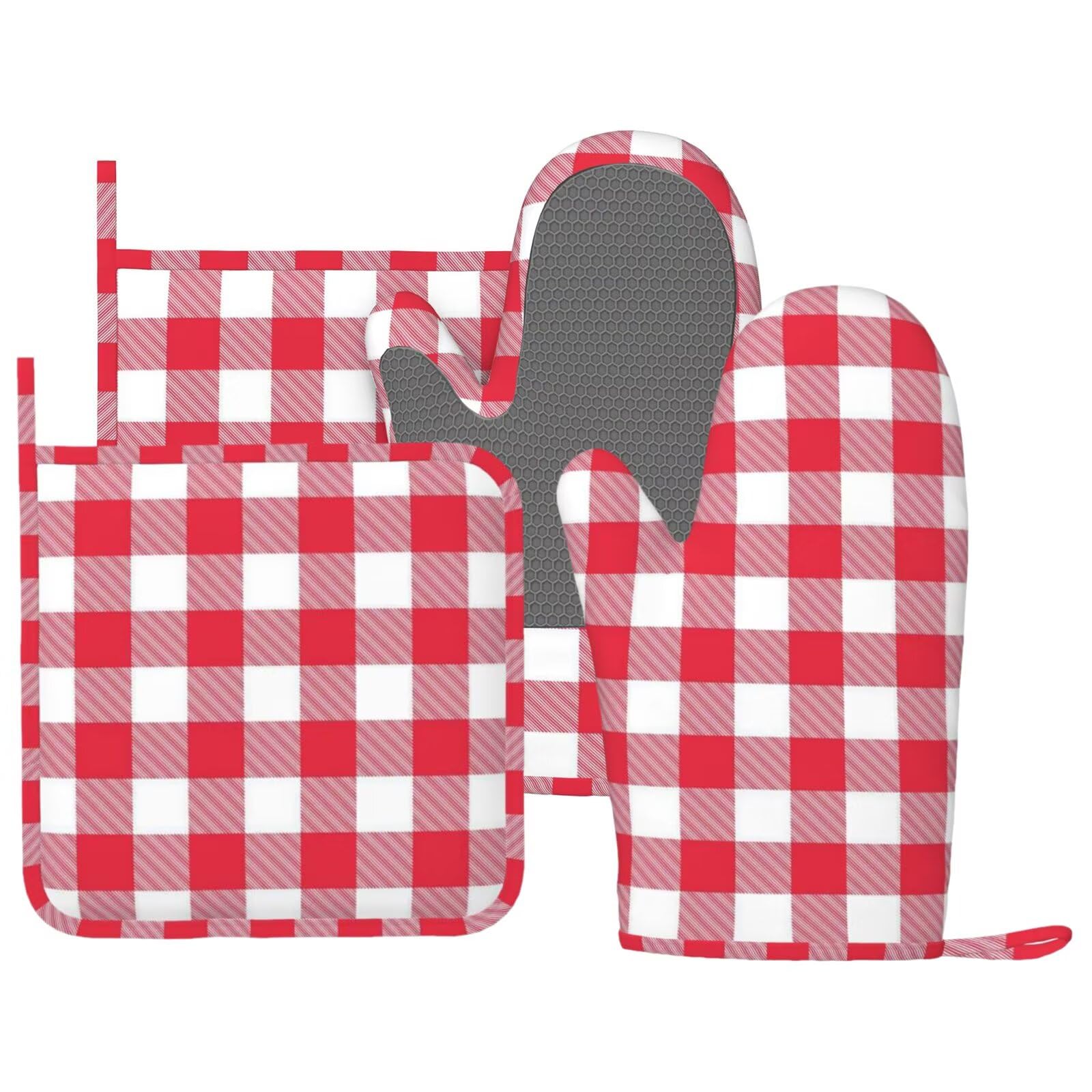 Juego de guantes de horno y agarraderas a cuadros rojos y blancos, 4 guantes de horno de silicona a cuadros rojos y blancos para cocina, guantes de horno resistentes al calor y agarraderas
