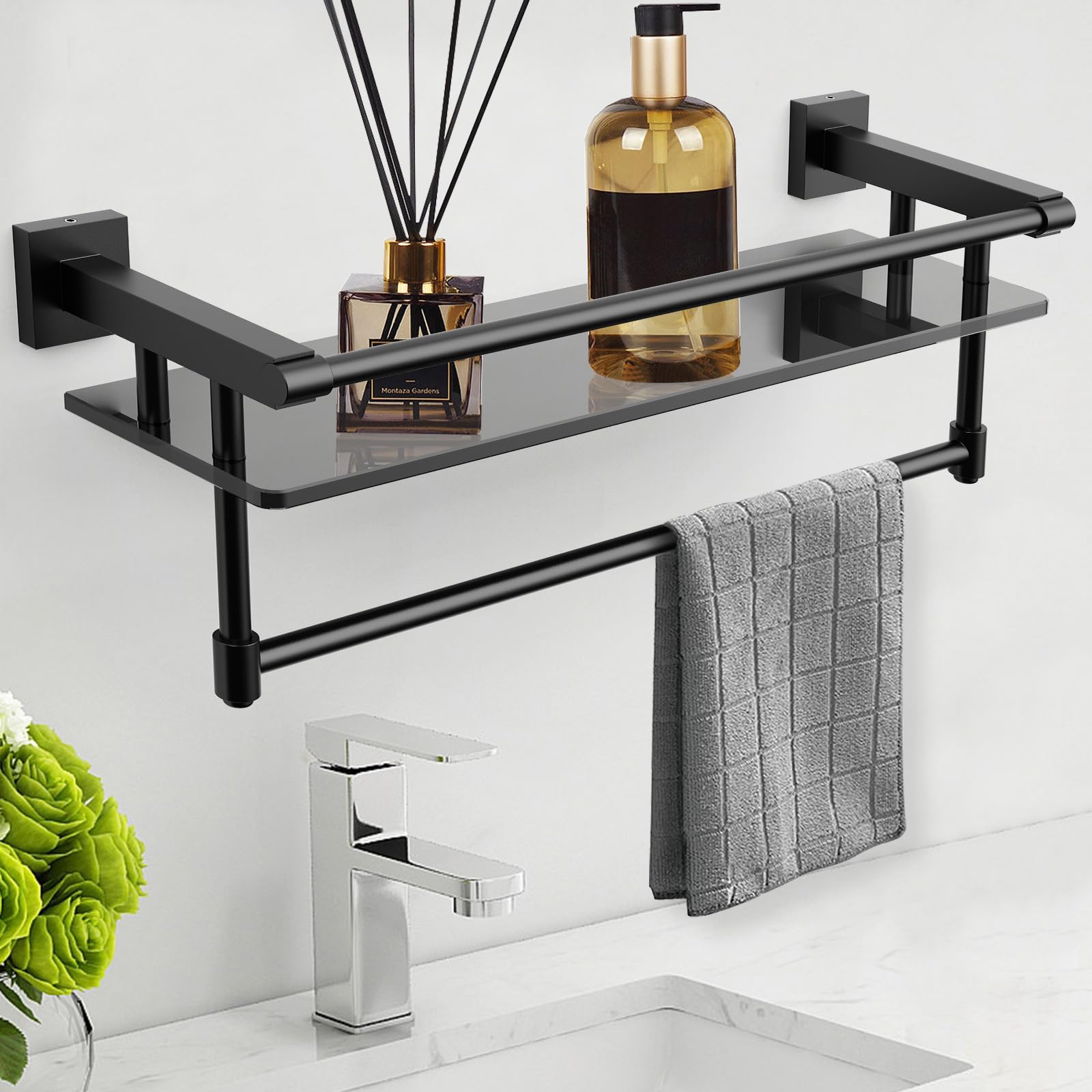 Glass Shelf for Bathroom 20 Inch with Towel Bar