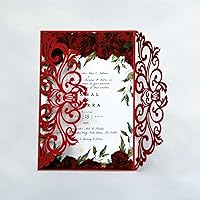 Vista 1 de 25 tarjetas de invitación para bodas cortadas con láser en rojo con sobres, hojas interiores en blanco, cintas para bodas, despedidas de soltera