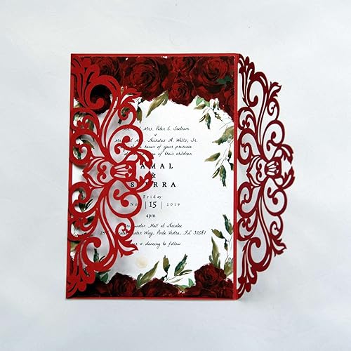 25 tarjetas de invitaciones de boda cortadas con láser rojo con sobres, hojas interiores en blanco, cintas para bodas, despedidas de soltera,
