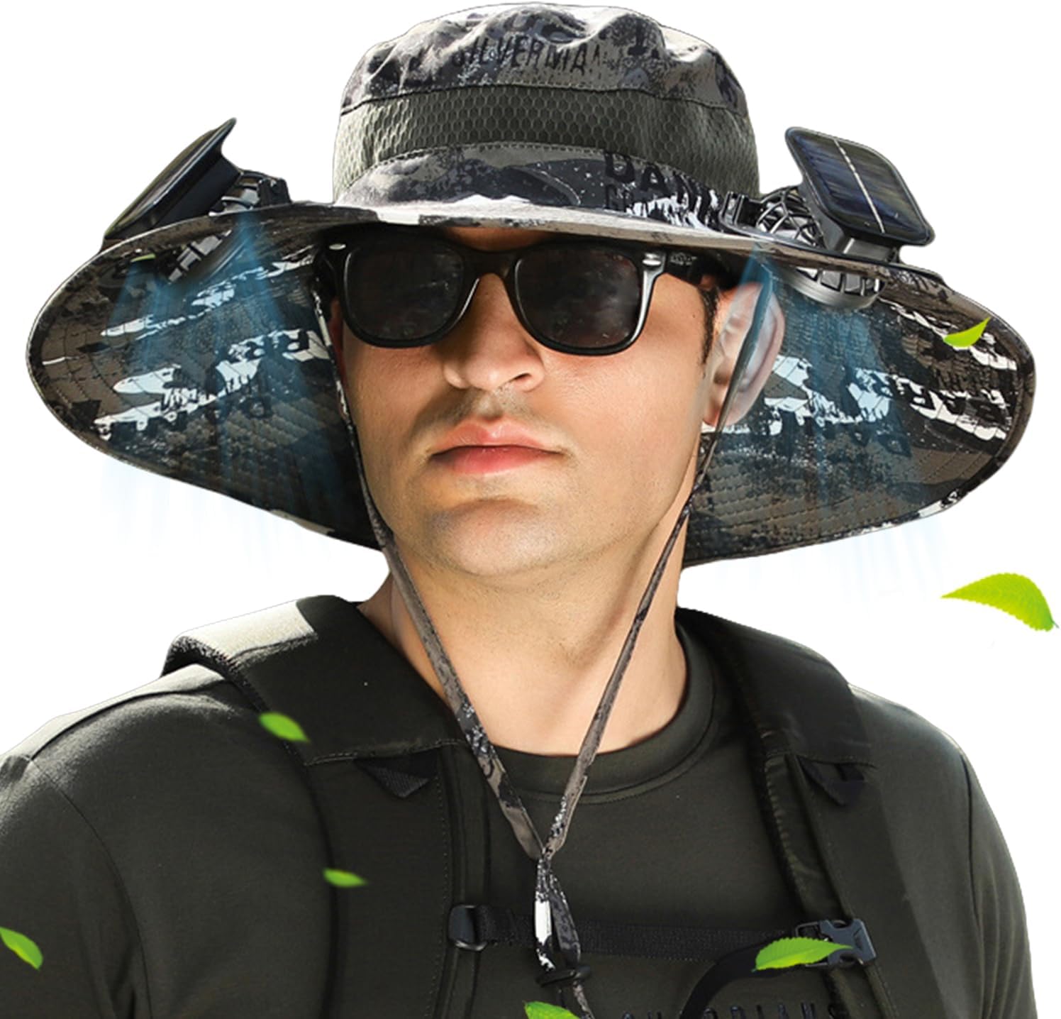 Wide Brim Solar Fan Outdoor Fishing Hat-Solar & USB, Men Sun Hat with 2 Solar Fan Fishing Hats, Solar Fan Hat UPF 50+