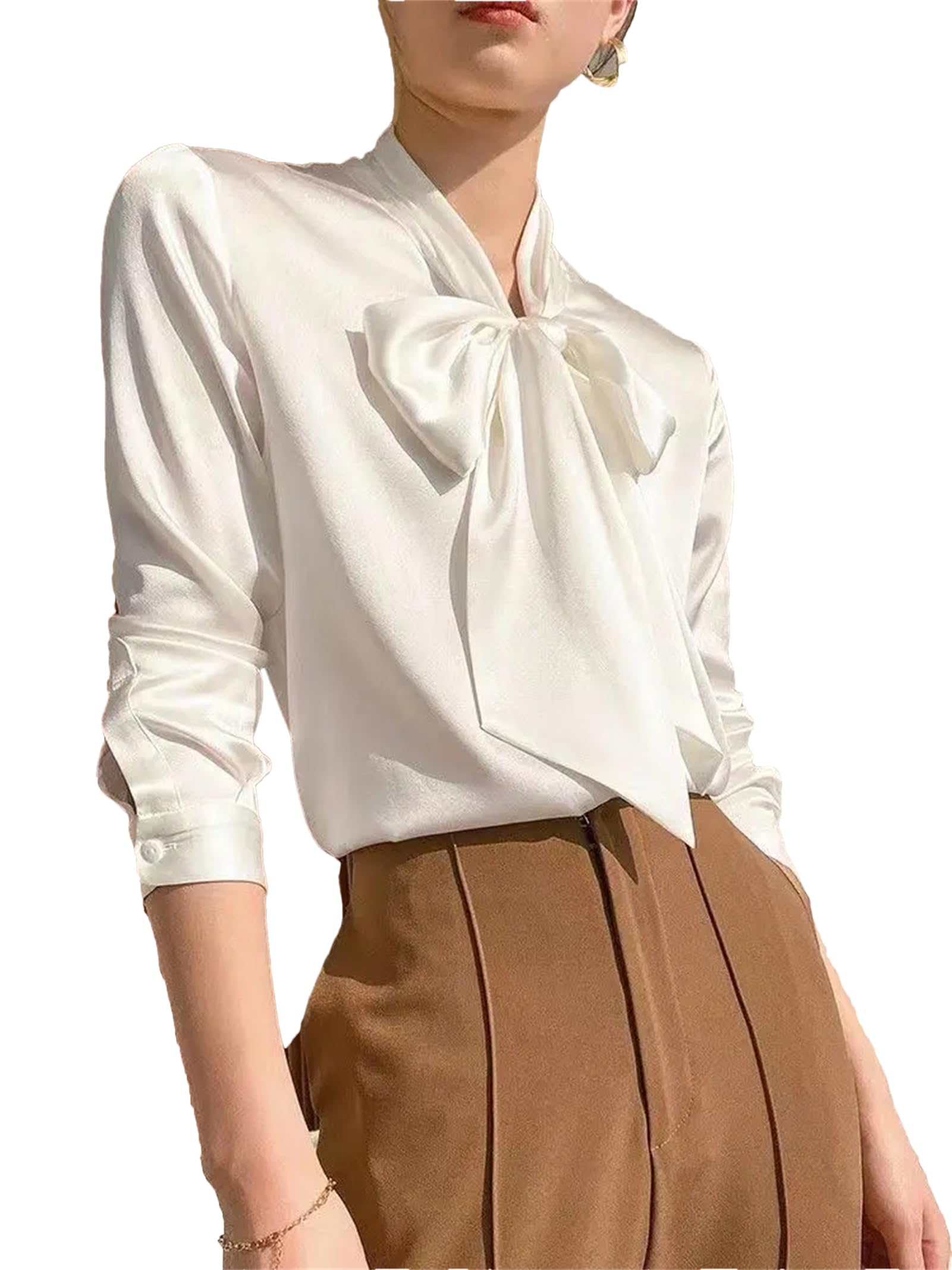 Vogrtcc Camisa de seda de satén de gran tamaño para mujer, blusa de manga larga para oficina