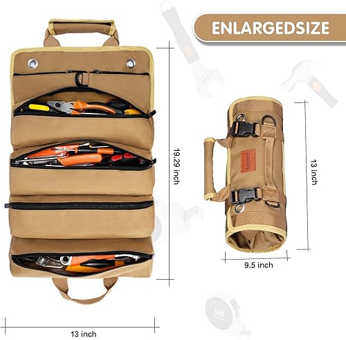 Miniatura 2 de Bolsa de herramientas enrollable, organizador de herramientas portátil resistente con 2 bolsas desmontables y 4 compartimentos, rollo de