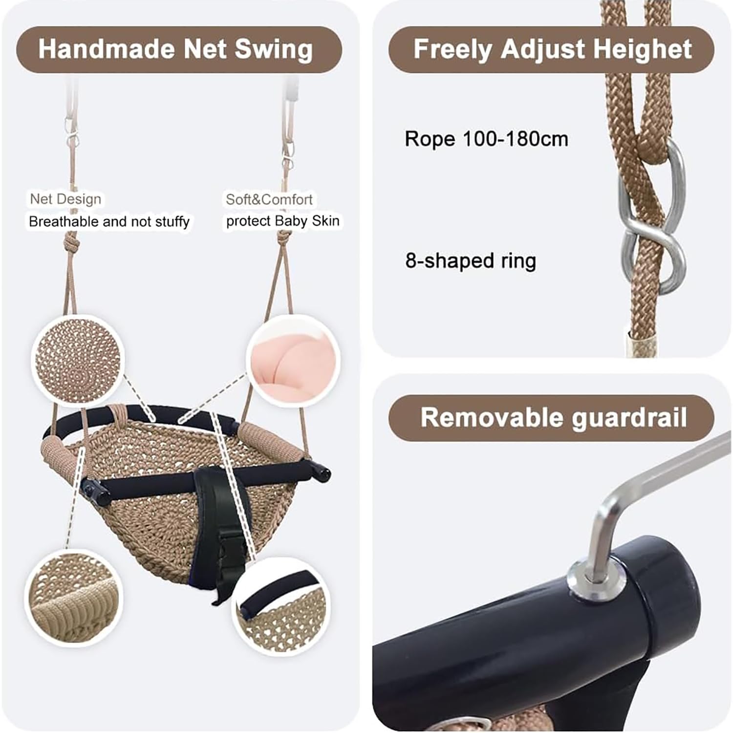 Babyschaukel,Kinderschaukel mit Verstellbaren Seilen,für Kinder Heavy Duty Seilspiel Sicher Kinder Swing Set, für Outdoor Indoor,Garten (Khaki)