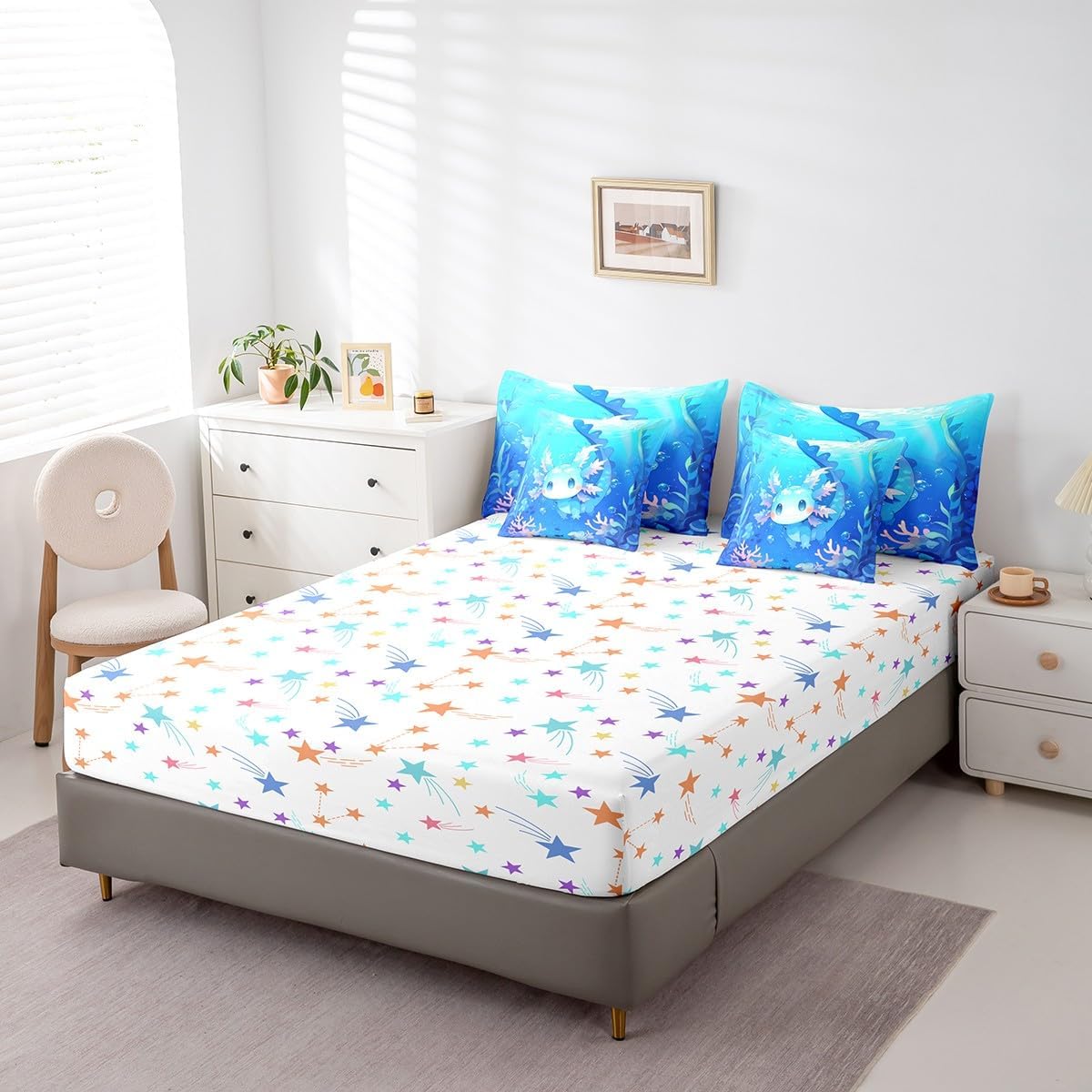 Erosebridal Axolotl Bedding Set 7 Pieces Bed in A Bag Full Size,Cute Animal Salamander Comforter for Kids Boys Girls Teens Blue Ocean Sealife Sheet Set Kawaii Sea Creature Flat Sheet