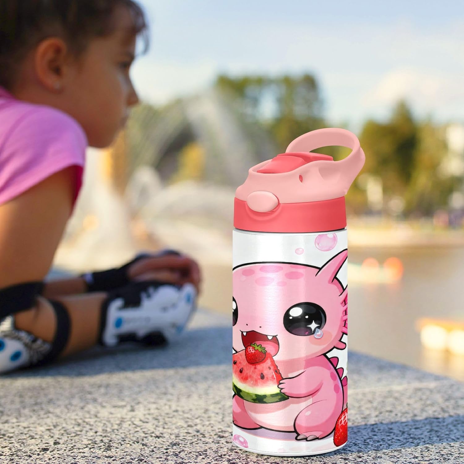 Axolotl Eat Fruits Cartoon Insulated Water Bottle with Straw Handle for Kids 12 OZ Cute Kawaii Stainless Steel Vacuum Insulated Cup for Hot and Cold Drinks Travel Tumbler for Toddler Girls image 4