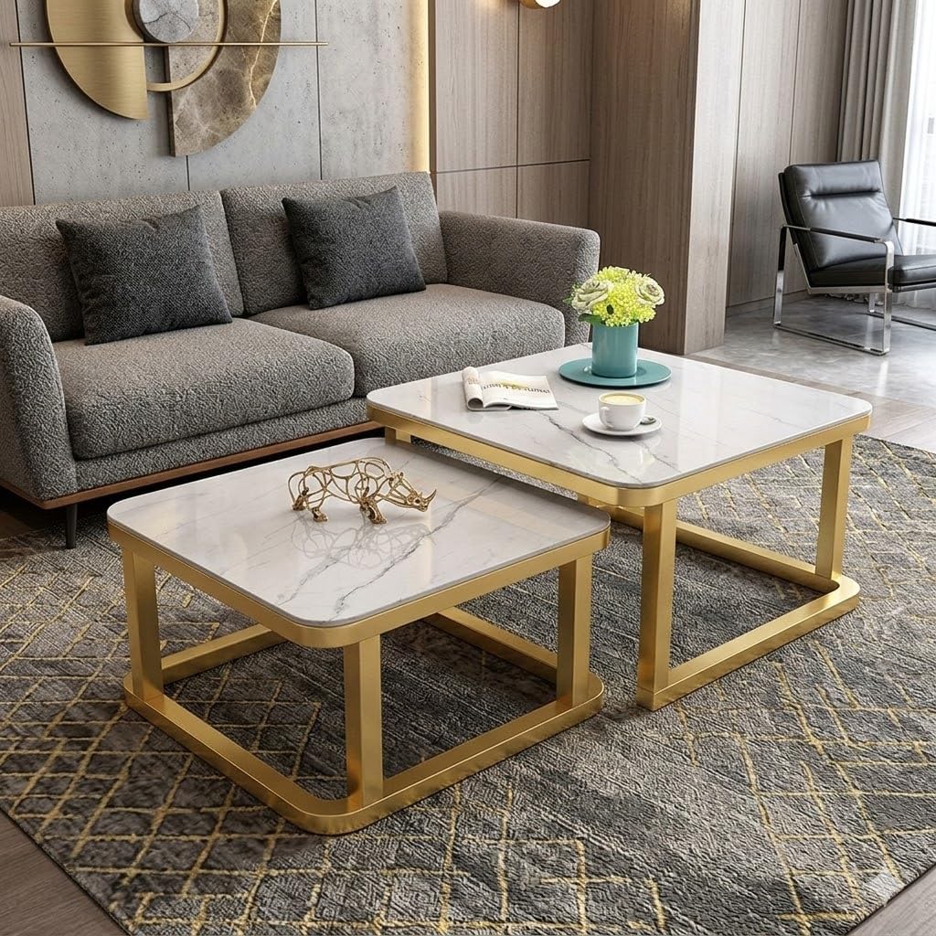 Elegant Marbled Finish Square Coffee Tables Set, 2 Piece Nesting Table Stackable Side Table Simple Center Table for Living Room/Balcony or Apartments (Golden White.)-image-23