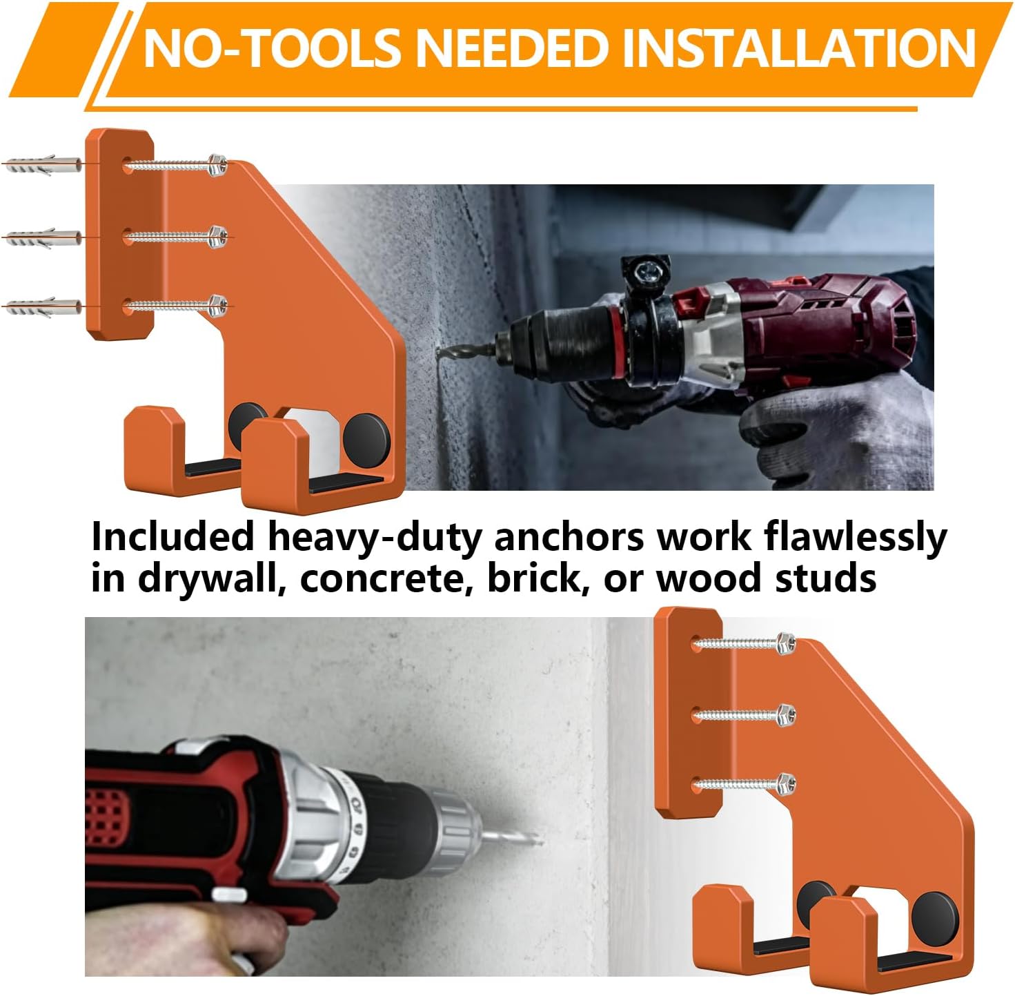 Heavy-Duty Chainsaw Wall Mount Holder (2-Pack) - Orange Metal Brackets with Hardware Kit for Garage Storage, Compatible with Stihl Husqvarna Echo Chainsaws - Horizontal/Vertical Hanging Storage