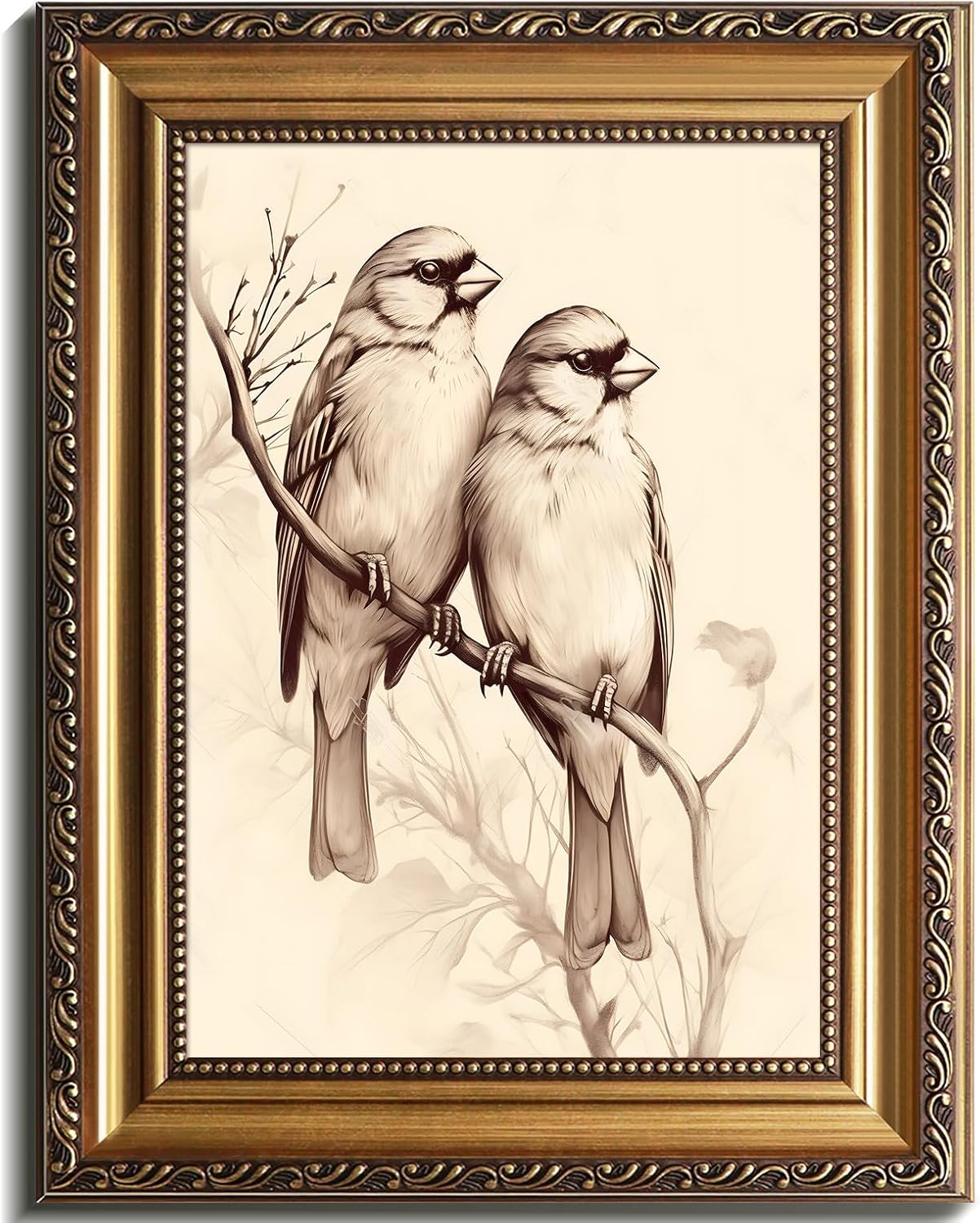 12x16 Inch Gold Framed Canvas Wall Art Vintage Sparrow Painting, Romantic Bird Illustration Bird Wall Decor for Farmhouse Kitchen Decor, Desktop Display