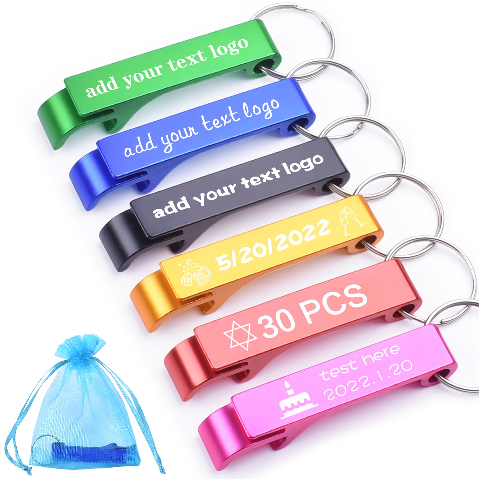 30pcs Personalized Bottle Opener Keychain Bulk, Custom Text/Logo/Photo