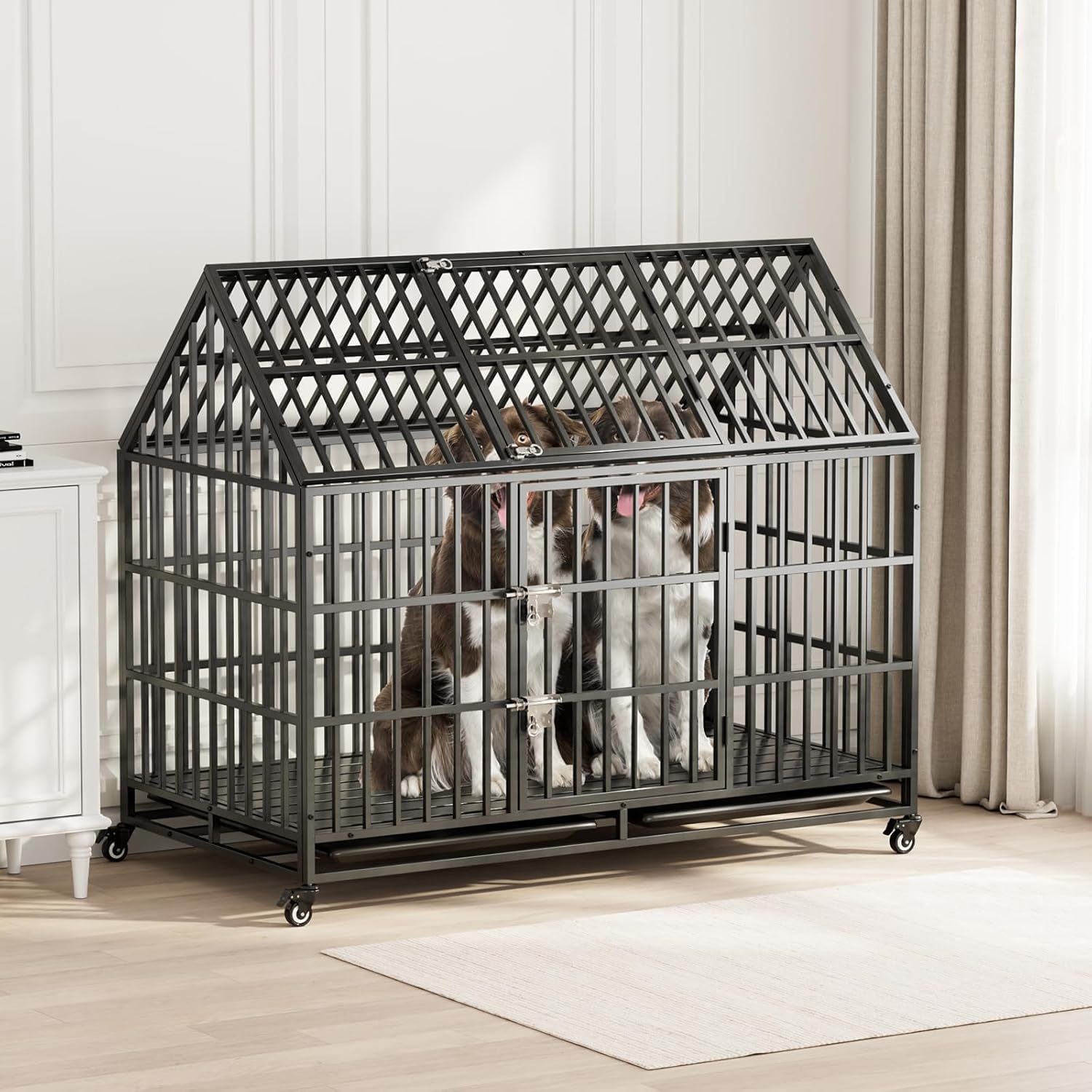 54 inch Heavy Duty Dog Crate with 2 Bowls, Indestructible Escape Proof Cage Kennel with 4 Wheels, 2 Trays and 2 Doors, Extra Large Crate Indoor for High Anxiety Large Giant Dogs, XXL