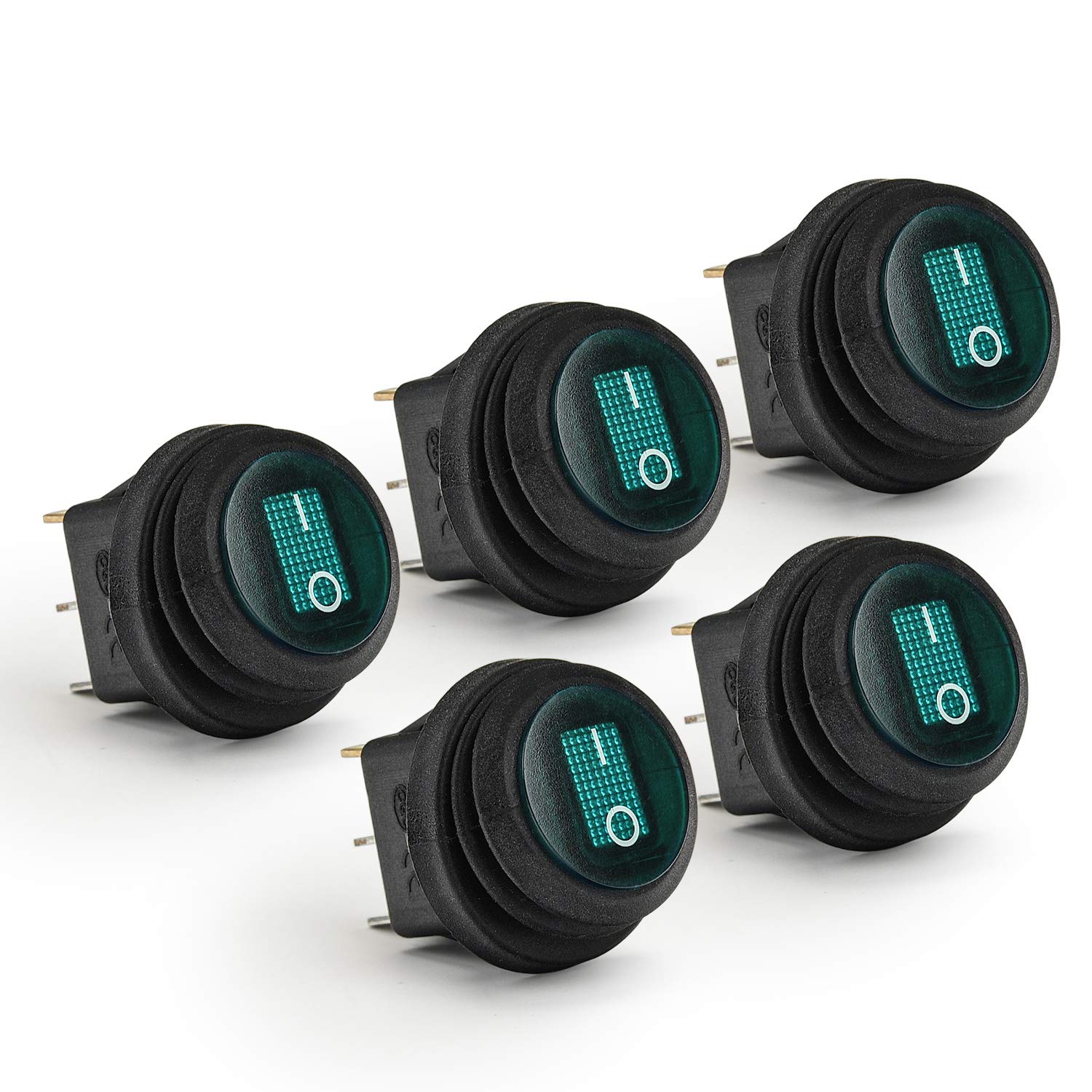 APIELE Waterproof Round Rocker Toggle Switch 2 Position DC 12V 20A ON-Off with LED Light SPST 3 Pins 5Pcs KCD1-8-101NW(Green)
