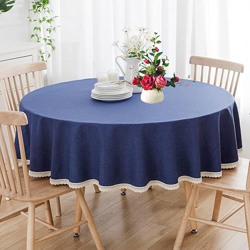 Miniatura 7 de Mantel redondo de lino sintético con ribete de encaje, mantel de arpillera de peso pesado sólido para banquetes, fiestas, cenas, cocina, bodas,