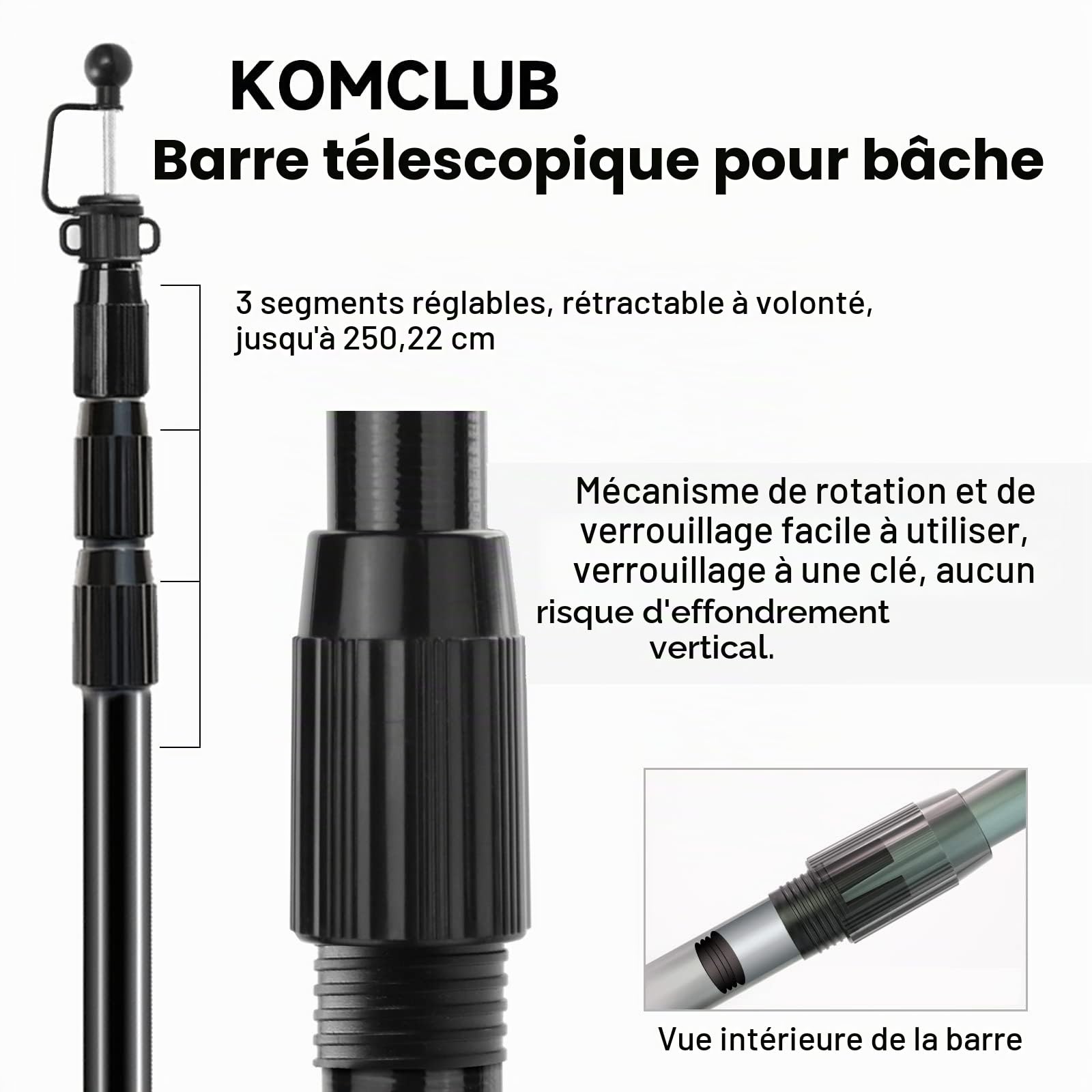 KOMCLUB Lot de 2 Barres de Tente télescopiques, en Fibre de Verre, de 85 à 250 cm, réglables, Ultra légères, pour Voile d'ombrage, tentes, bâche de Camping (2 pièces)