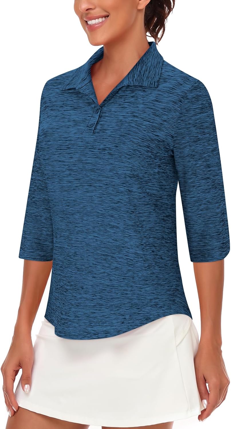 LURANEE Womens Golf Shirt Quick Dry 3/4 Sleeve T Shirts 2-Buttons Polo Workout Tops UPF 50+ Shirts S-2XL