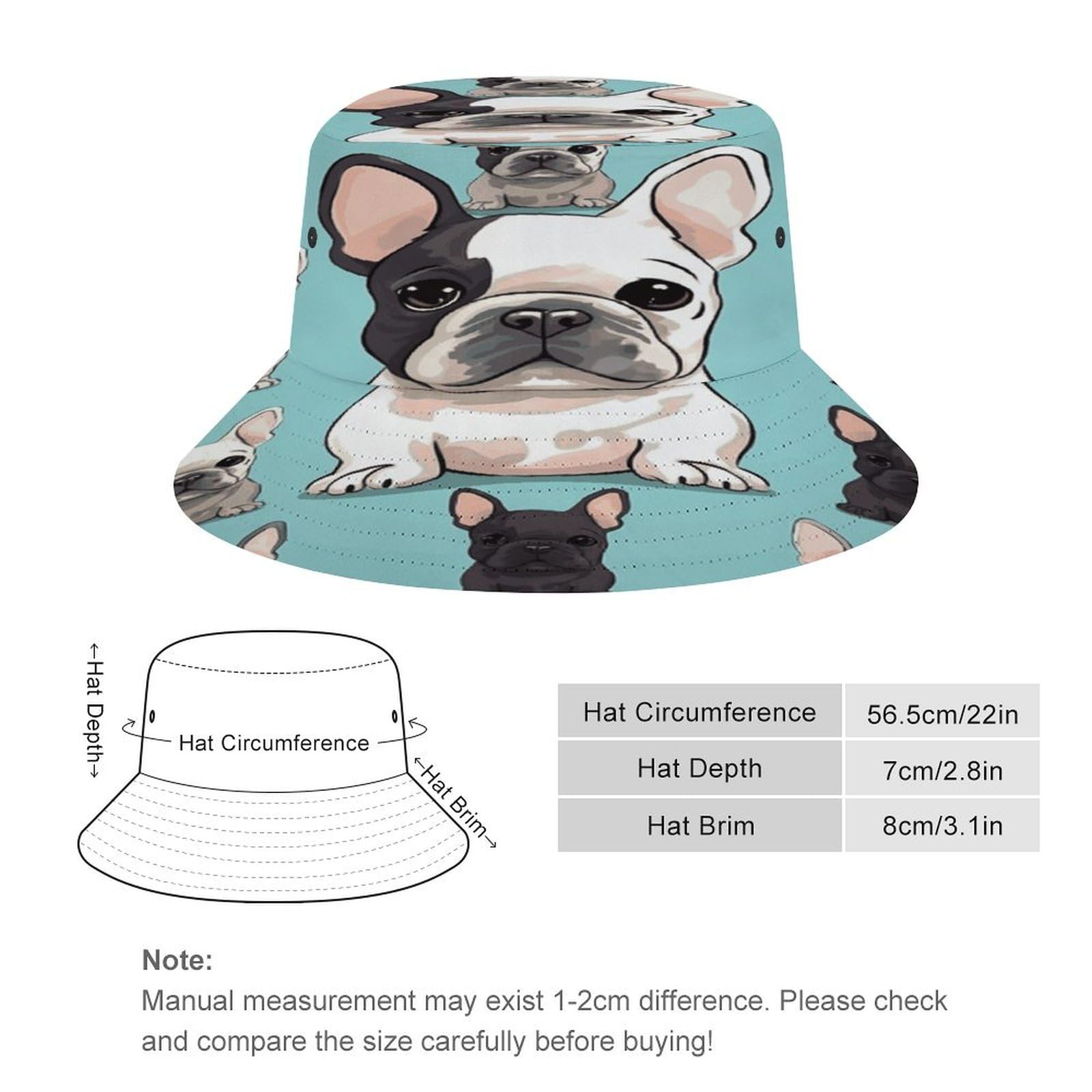 Cute French Bulldog Sun Hats Wide Brim Bucket Hat UV Protection Hat for Fishing Hiking Beach Garden Black