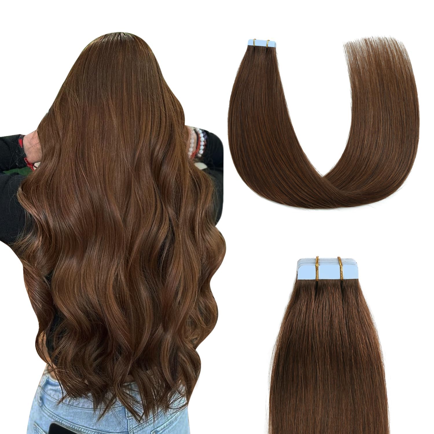 Sunya Tape in Hair Extensions Human Hair Chocolate Brown Tape Hair Extensions 20 inch Tape in Hair Extensions Natural Invisible Straight Hair Extensions Tape in 50g 20pcs/Pack