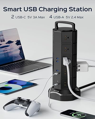 Miniatura 3 de Torre de regleta de alimentación, 20 salidas de CA, 6 puertos USB (2 USB C), protector de sobretensiones 1050J, estación de carga de escritorio de