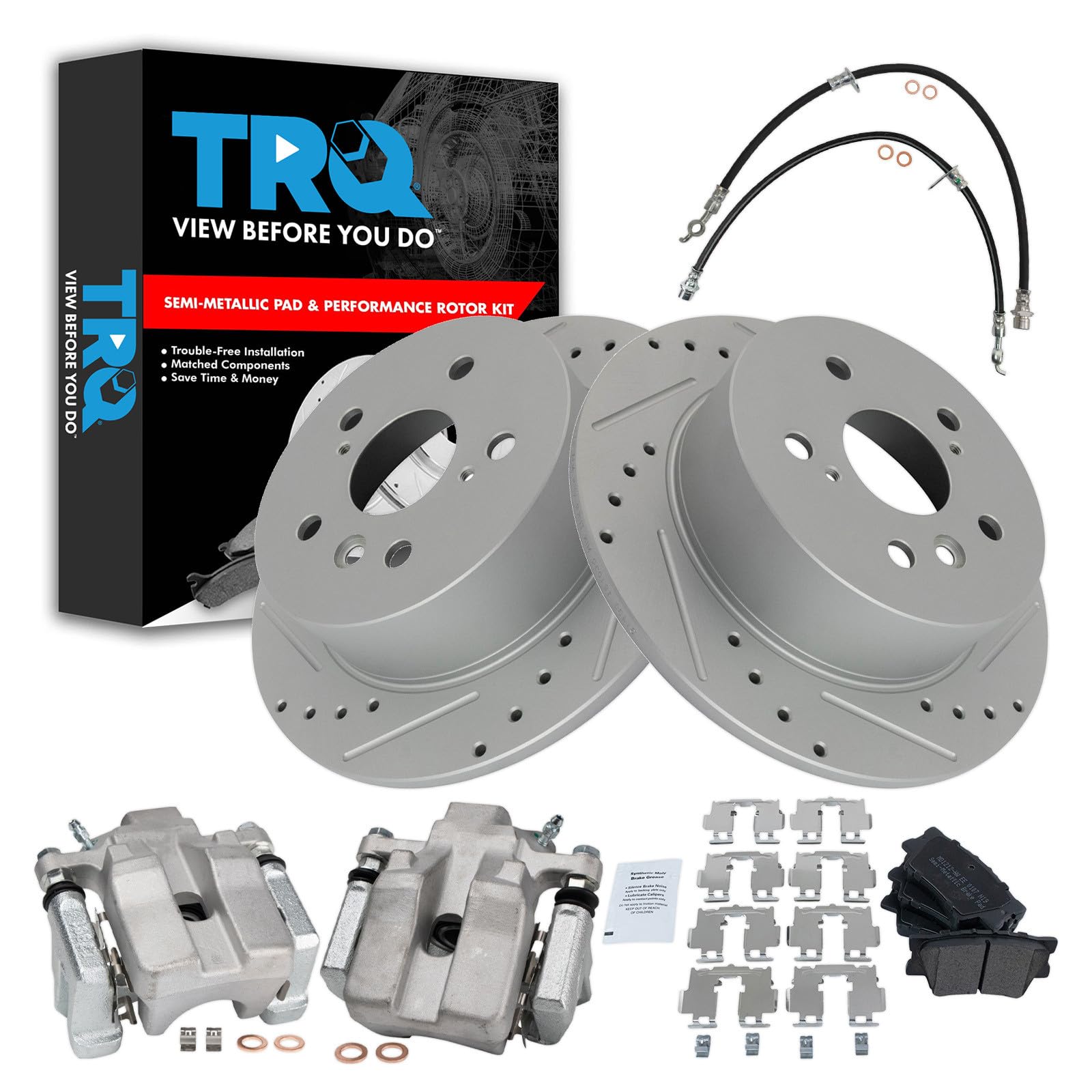 TRQ Performance Rear Brake Pad and Rotor Set Semi Metallic Slotted Drilled Calipers Compatible with 2007-2012 Lexus ES350 2008-2012 Toyota Avalon 2007-2011 Camry