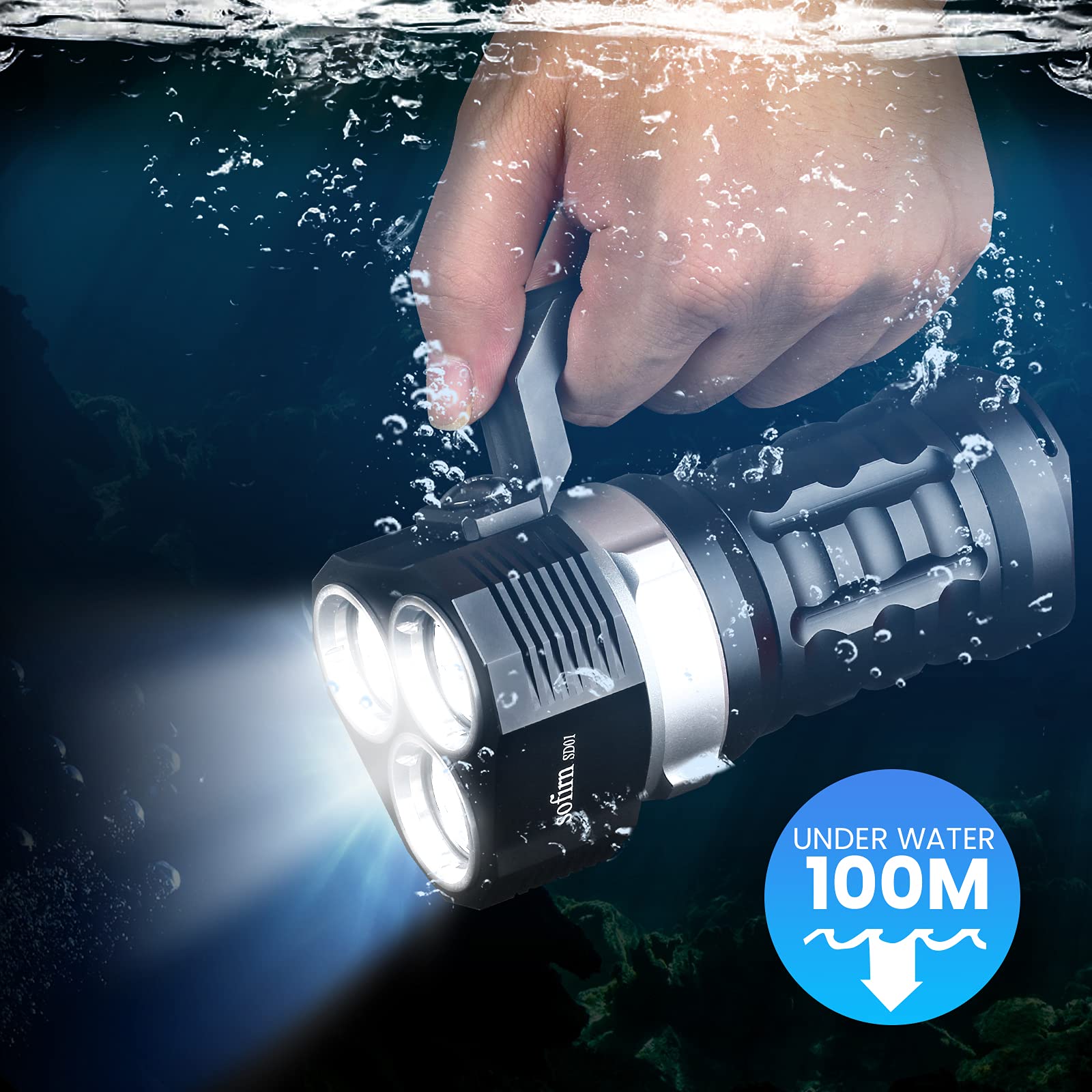 Lampe De Plongée Sofirn SD03 – 1800 Lumens, IPX8 100 M, 3 Modes, Batterie Rechargeable – Aluminium, Verrouillable