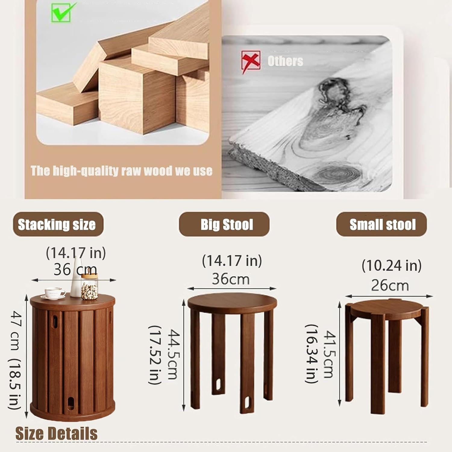 Stackable Stools Side Table, Stacking Stools, 4-in-1 Small Round Coffee Table, Nesting End Tables, Solid Wood Nightstand, Multifunctional Wooden Dining Chair Set of 4, Night Stand for Bedroom (Wood)