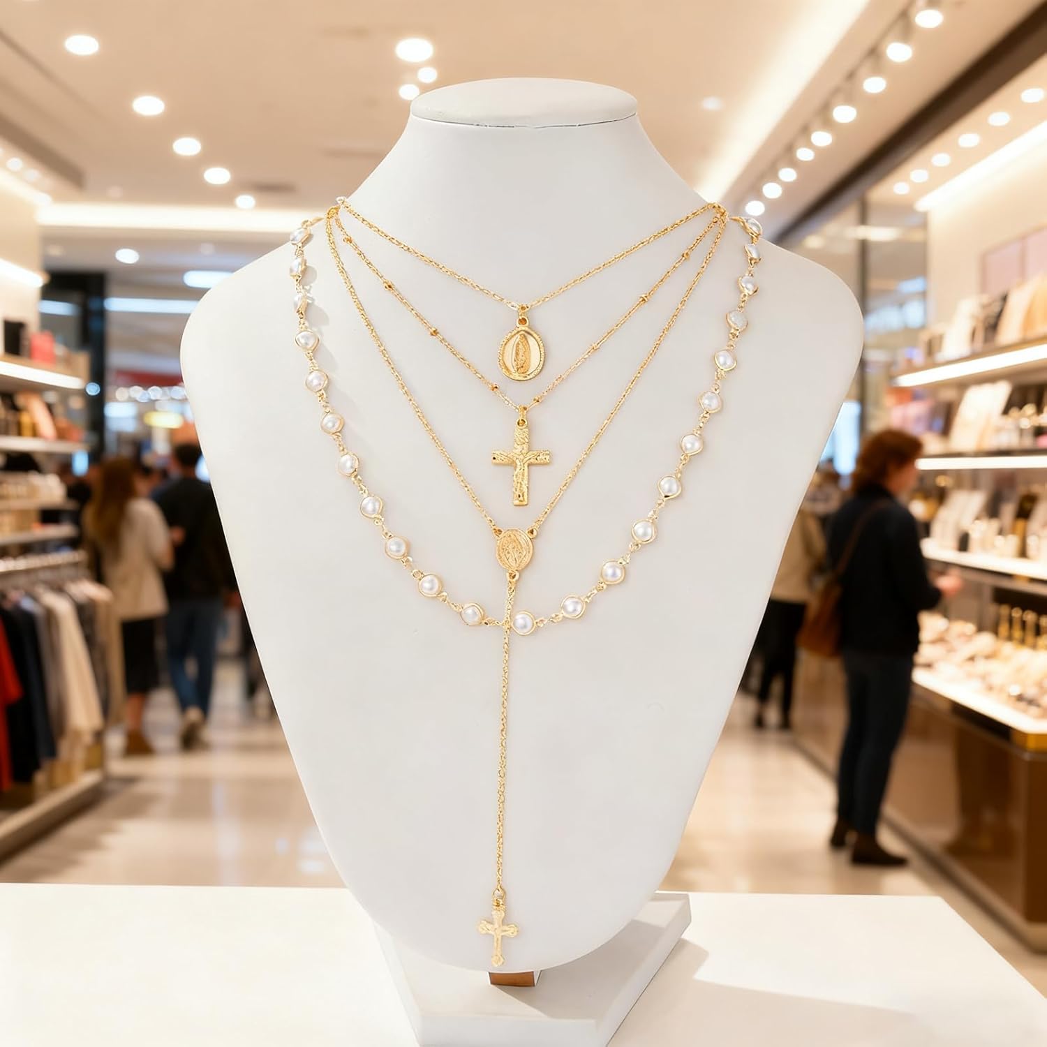 Layered Cross Necklace for Women Bohemian Bead Pearl Y Long Pendant Necklace Set Vintage Rosary Jewelry Christian Gifts for Women - Image 5