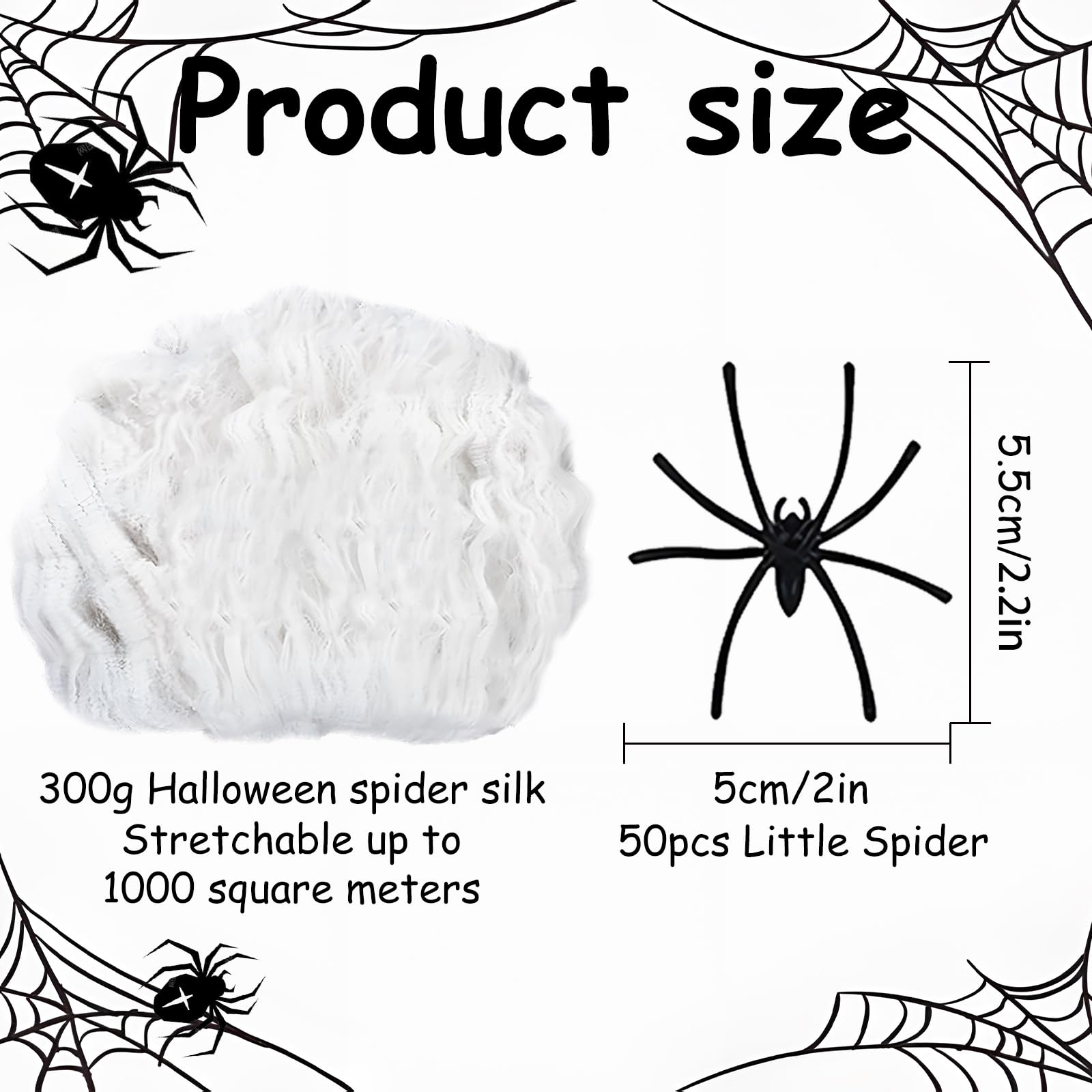 Dekoracyjna Pajęczyna na Halloween, 300 g, Biała, Do Użytku Wewnątrz i Na Zewnątrz, z 50 Czarnymi Pająkami z Horroru, 1500 m², Straszna Dekoracja