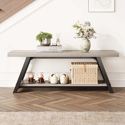 Miniatura 8 de LVB Industrial Entryway Bench, Wood and Metal Storage Bench, Indoor Farmhouse Hallway Accent Entry Bench for Seating Sitting, Shoe Rack Organizer