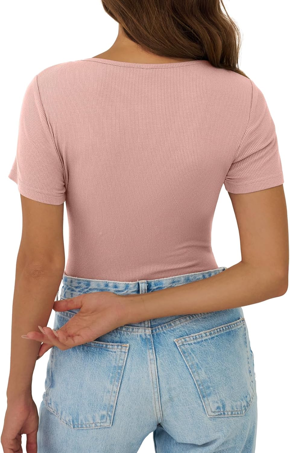 Womens Short Sleeve V Neck T Shirts Ribbed Lace Casual Tops Going Out Fitted Tight Shirts Basic Tee 2026 Outfits Trendy - Image 5