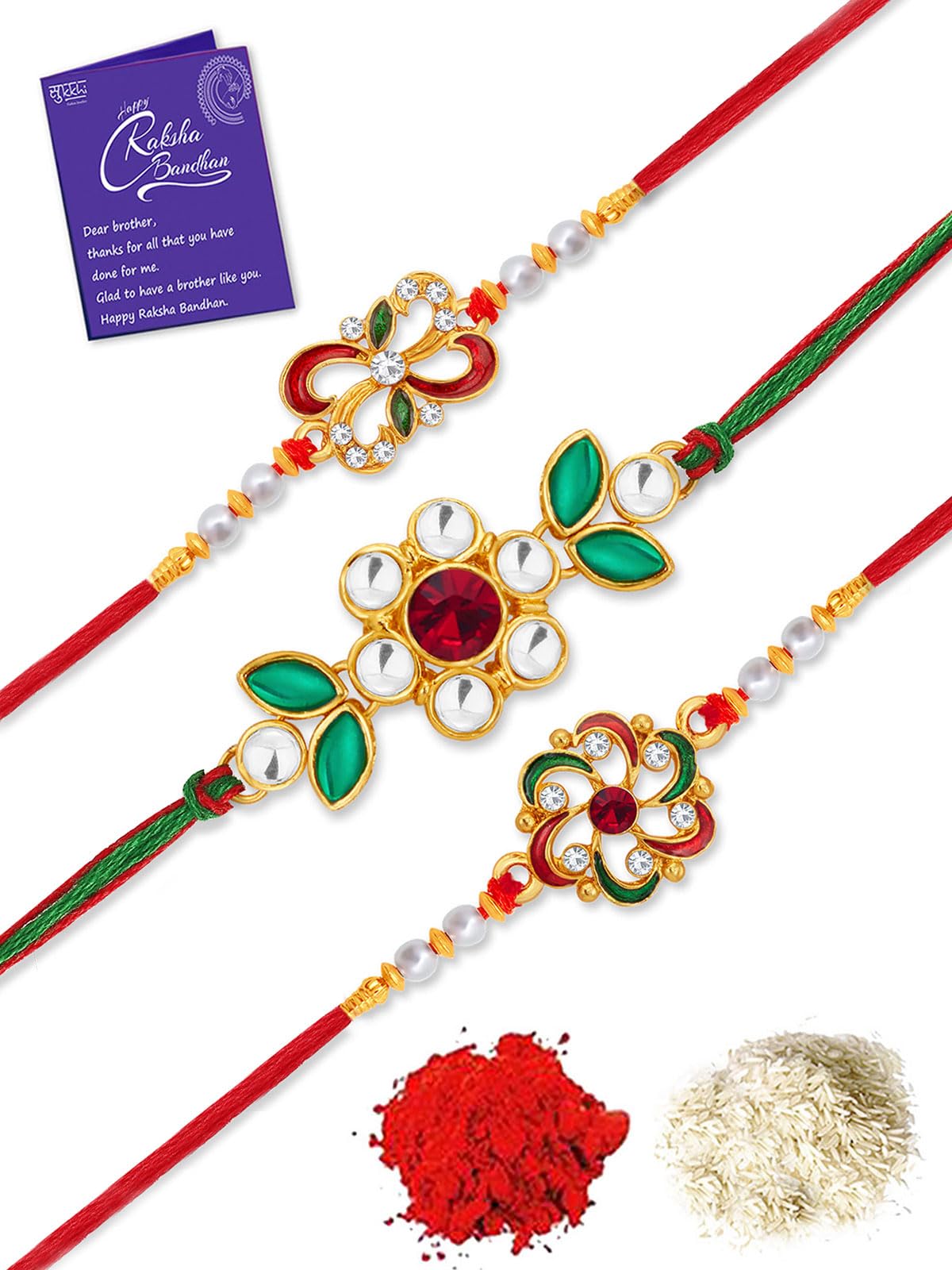 Sukkhi Rakhi Attractive Kundan Rakhi Combo & Designer Gold Plated Premium Rakhi for Brother, Roli Chawal & Greeting Card|Rakhi for Bhaiya|Rakhi for MEN|Kundan Rakhi|Rakhi Combo-Set of 3 |CBRAK105026 (B0C7W57ZMN) Amazon Price History, Amazon Price Tracker