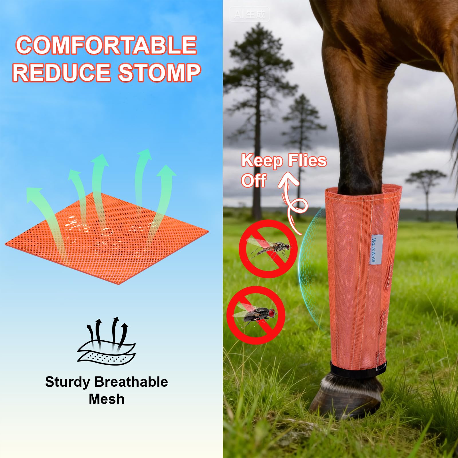 Bottes anti-mouches pour chevaux Lot de 4 - Maille ample réglable - Orange