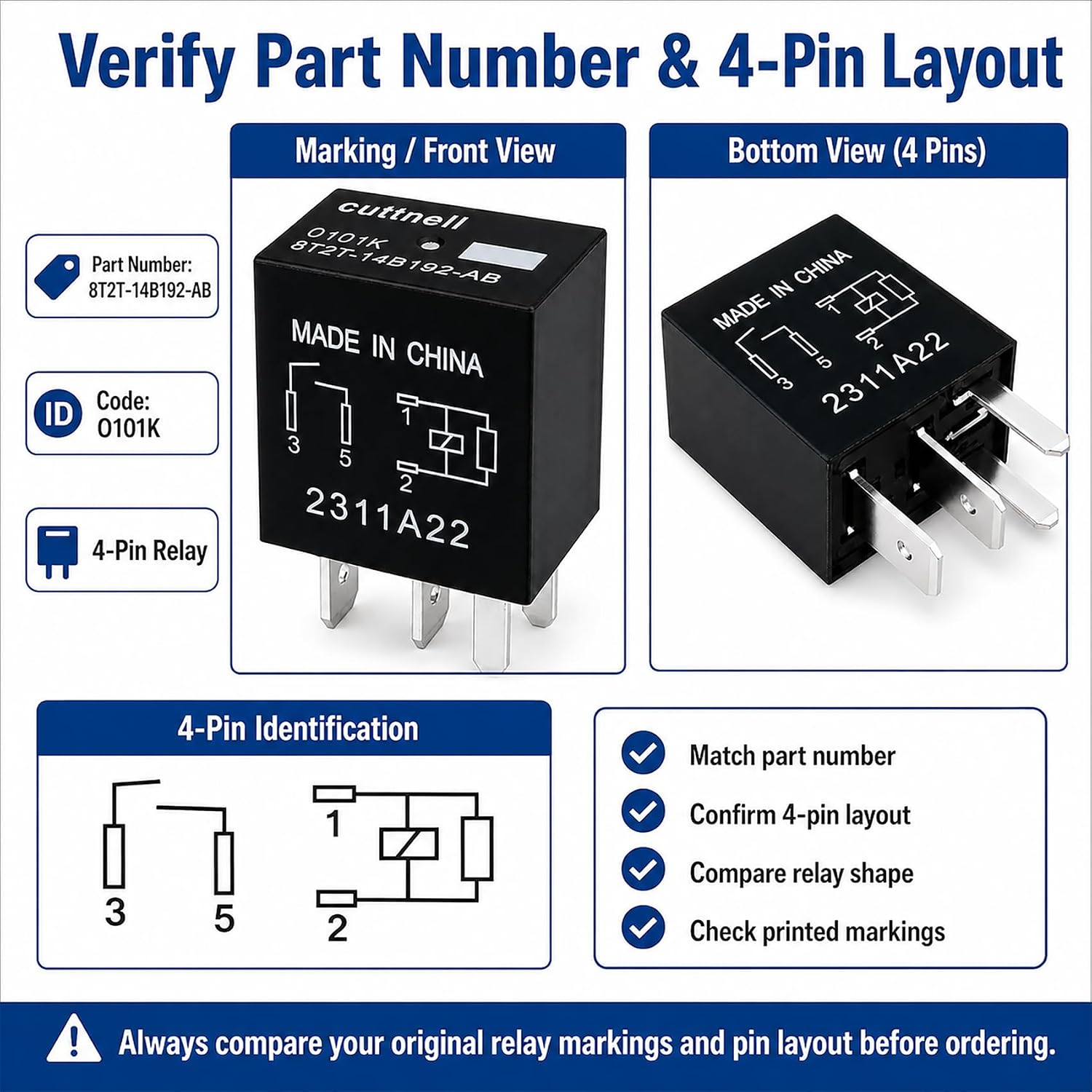 6-Pack 8T2T-14B192-AB Relay 12V 30A 4-Pin Automotive Relay Compatible with Select Ford F-150 Fusion Edge Explorer, Replacement for FoMoCo HI PWR O101K