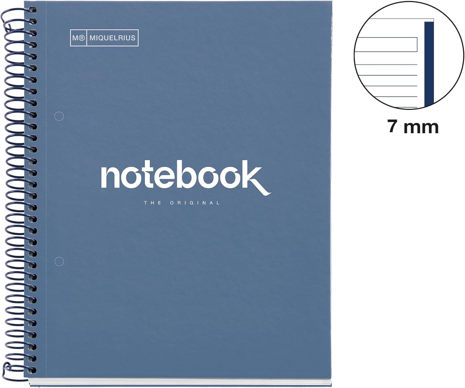 Miquelrius - Spiral notepad A5-80 sheets 90 g - Lines 7 mm - 1 coloured strip - Laminated hard cover - Colour Navy
