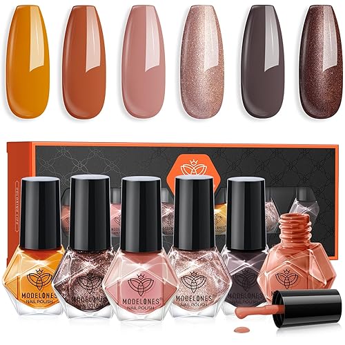 modelones Fall Orange Nail Polish Set 6 Colors, Nude Brown Maroon Gray Quick Dry Mini Nail Lacquer Kit, Nail Art DIY Home Salon Manicure Gifts for Women Girls