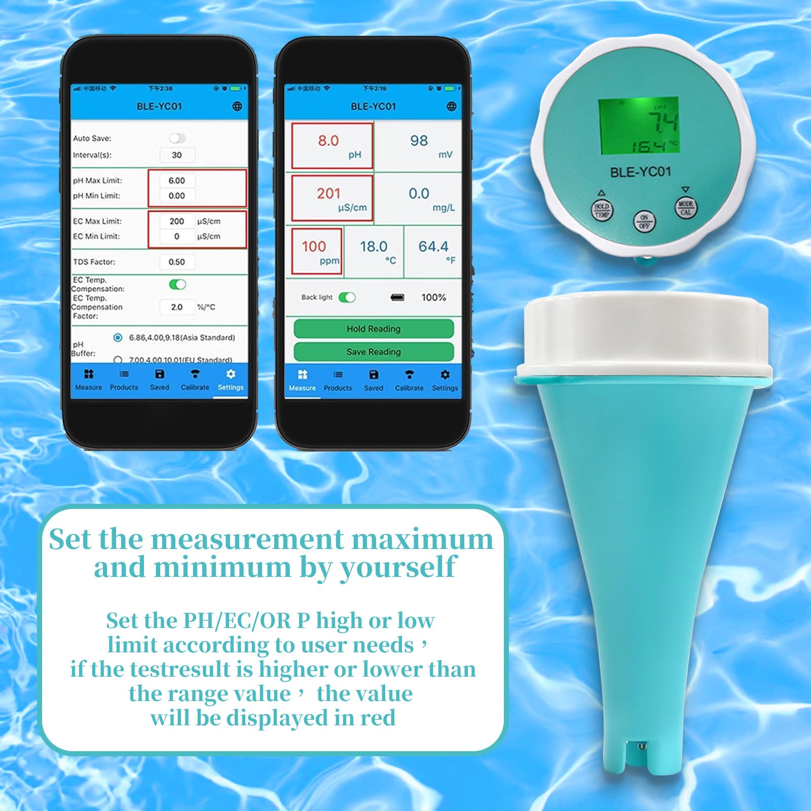 Termometr basen Bluetooth, termometr, bezprzewodowy basen, monitorowanie jakości wody w basenie PH/EC/TDS/ORP/czujnik pozostałego basenu, sterowanie aplikacją, alarm powiadomienia