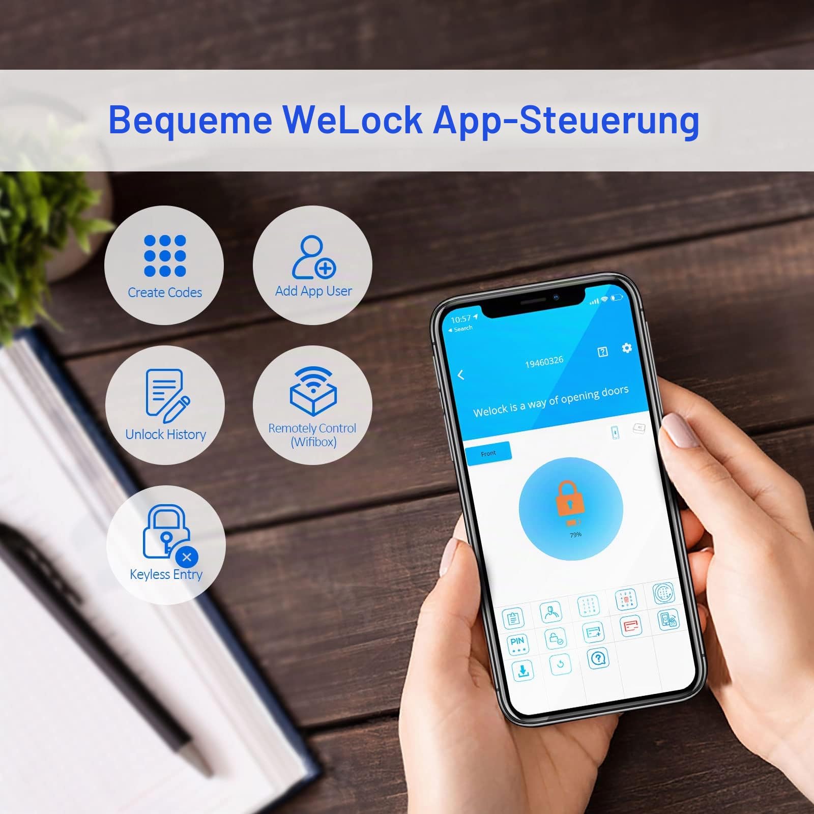 WELOCK PCB41 Elektronisches Türschloss mit WIFIBOX3 | Türschloss Haustür für Smart Home, Elektrisches Türschloss mit Code, RFID-Karte und APP, für 50-100mm Tür
