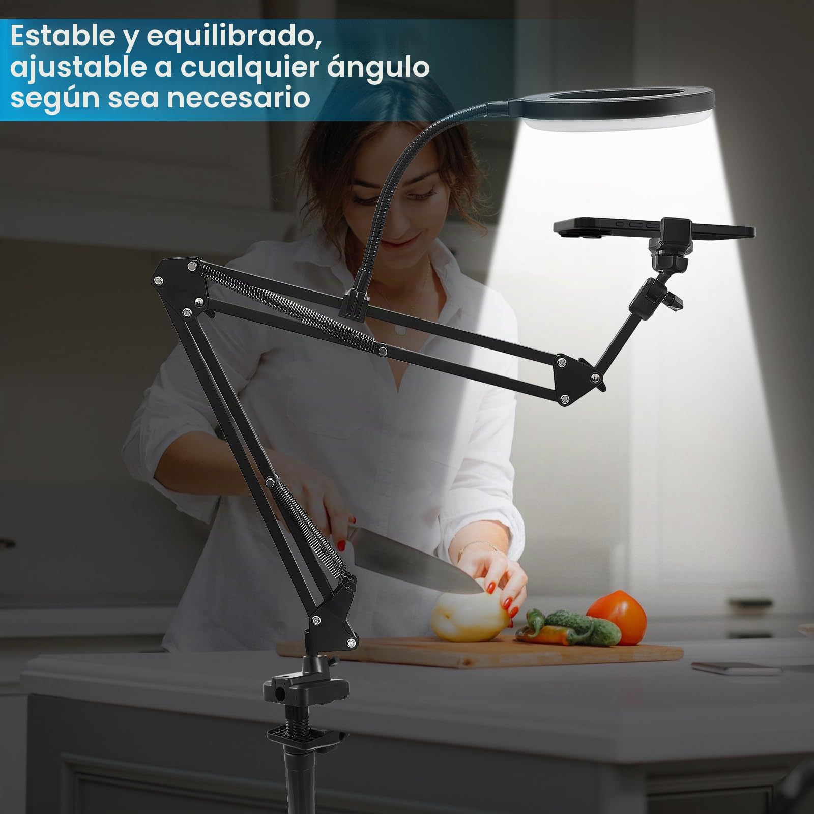 Soporte En Voladizo para TeléFono MóVil con Ring Light, Brazo De SujecióN De Sobremesa Flexible para Luz De Relleno, CáMara, MicróFono (26cm)