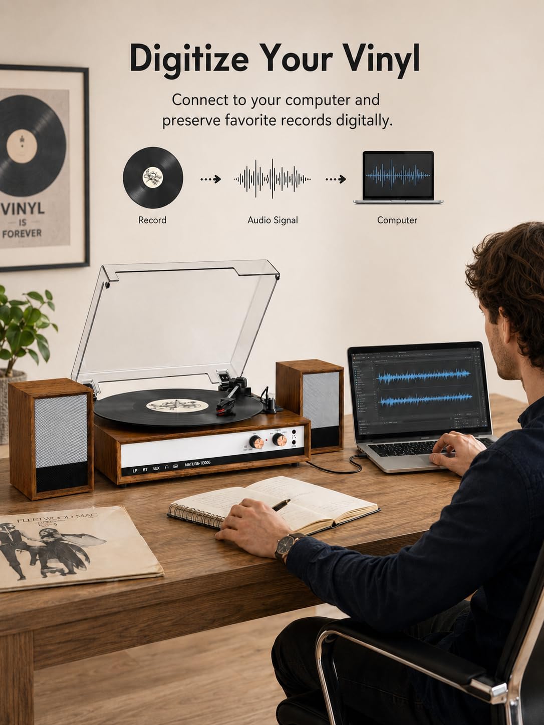 Vintage Turntable with Speakers, 3-Speed Bluetooth Vinyl Record Player with 2 External Speakers, Vinyl to PC Recording, RCA Output, AUX in, Headphone Jack, Walnut