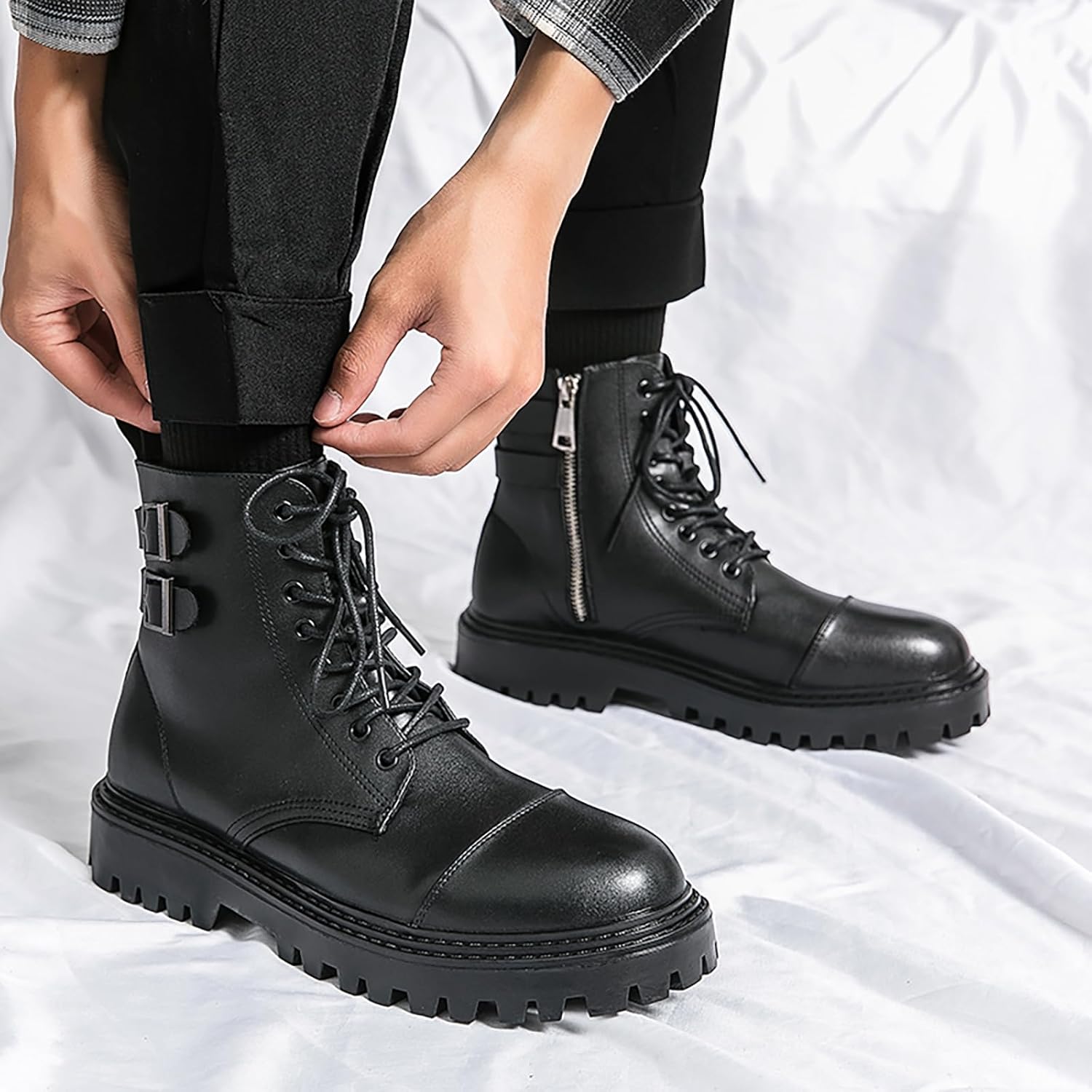 Men's Leather Lace-Up Platform Motorcycle Boots Fashion Round Toe Side Zipper High Top Combat Boots with Adjustable Buckle Comfort Non-Slip Lug Sole Ankle Boots