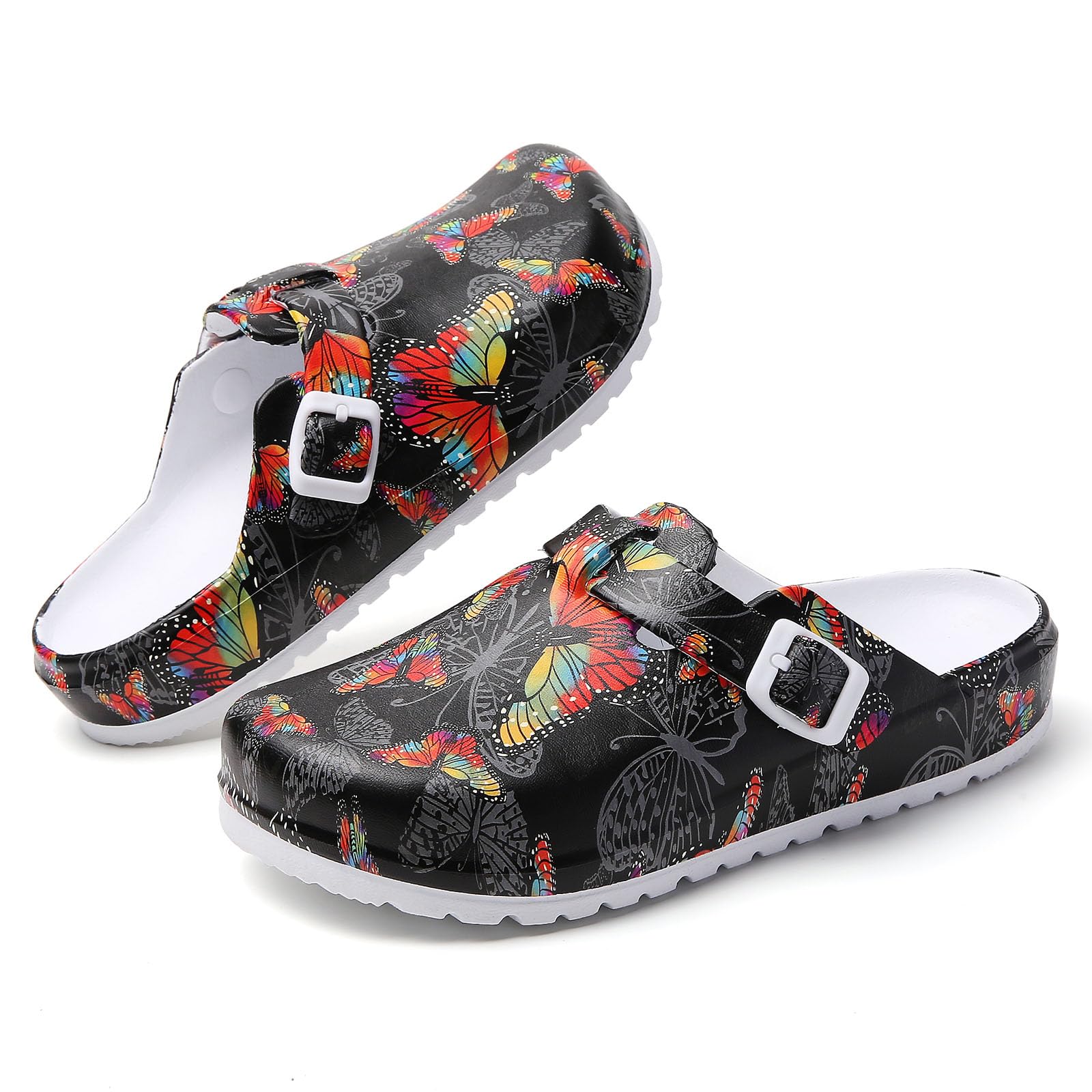 SECHRITE Sabots pour Femmes, Mules à Enfiler avec Soutien de la Voûte Plantaire antidérapantes Chaussures de Jardinage d'infirmière de Chef Cuisine, imprimées Sandales Pantoufles