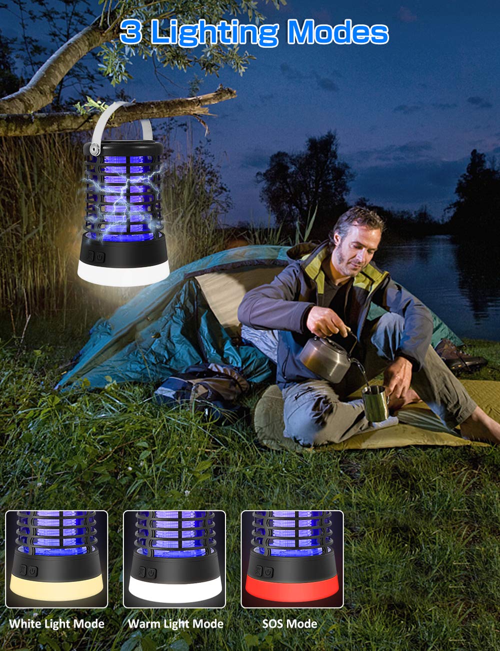 ZOTO Insetticida elettrico 3 in 1, 3 modalità di illuminazione, lampada antizanzare con luce SOS IP67, impermeabile, 2200 mAh, batteria incorporata, lampada da campeggio per interni ed esterni gancio
