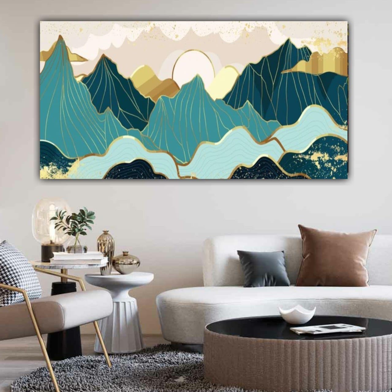 7 Colours Decors Beautiful Canvas Gold and Blue Mountains Landscape Painting for Living Room Wall Decoration Big Size Large Photo Frame Modern Art (With Frame) (30x15 Inches)