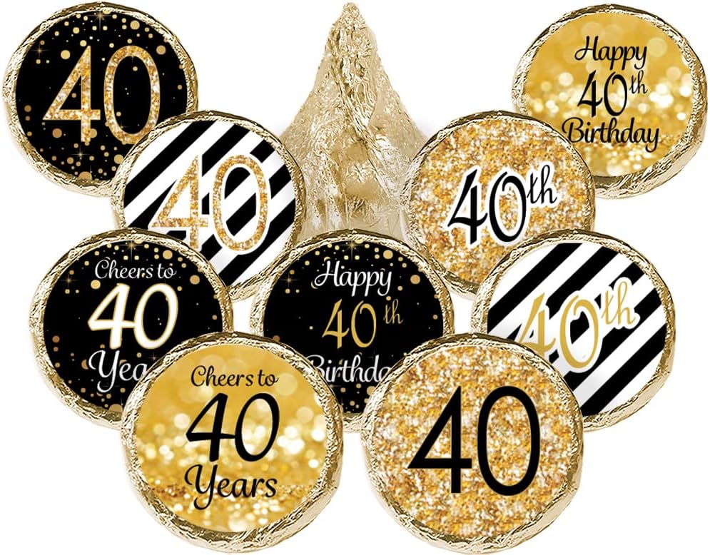 Black and Gold 40th Birthday Party Favor Stickers - 0.75 in. Round - 180 Labels