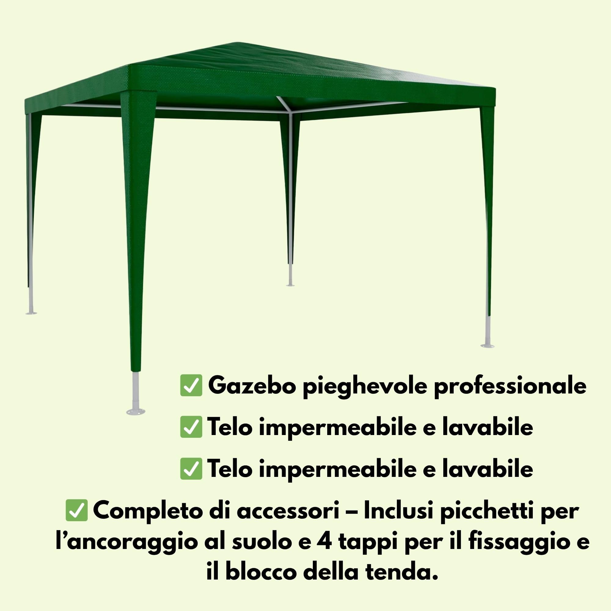 Gazebo Pieghevole Aktive 3x3 M, Verde. Tenda Da Giardino Regolabile In Altezza, Con Protezione UV E Impermeabile. In Acciaio, Con Borsa Trasporto.