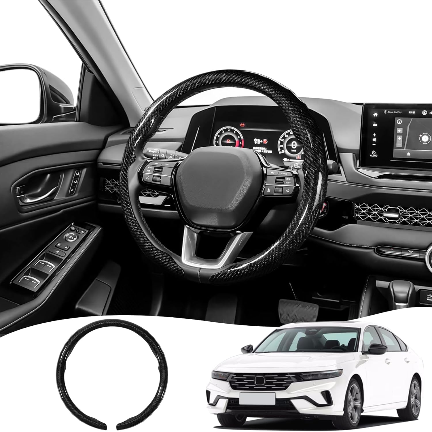Car Steering Wheel Cover for Honda Civic, Accord, CR-V, HR-V, Pilot, Ridgeline, Odyssey Carbon Fiber Pattern Protective Cover - Black Compatible with 15-inch Wheels Decorative Modification Accessories