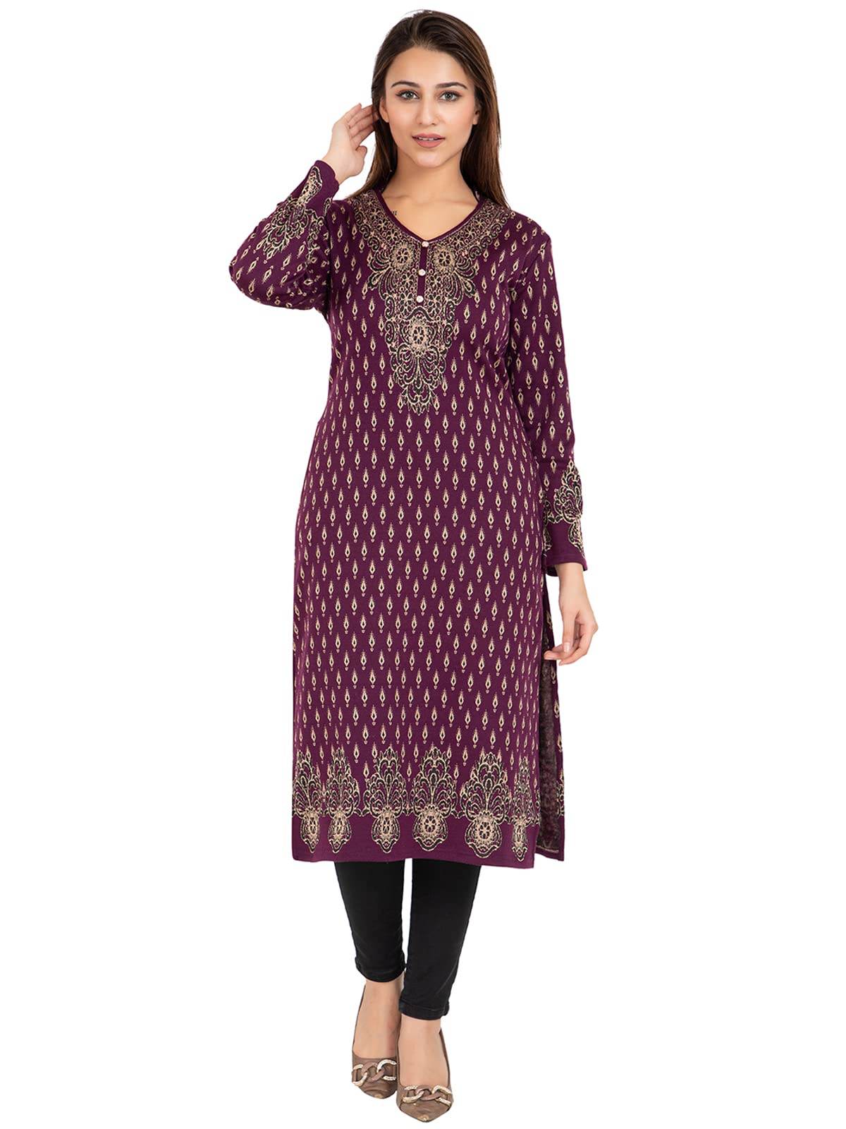 RosaryWomen's Winter Wear Jacquard Woolen Straight Kurti with 2 Side Pockets,1PCS-JACQ-RY05